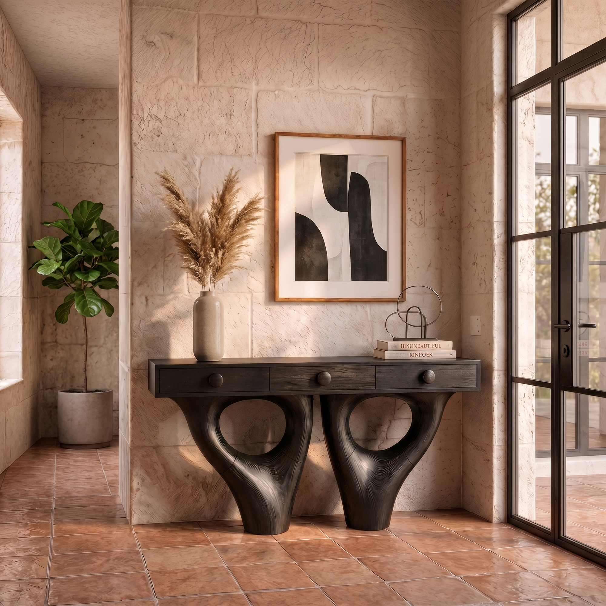 Rustic Console Table With Sculptural Double Pedestal Wood Base And Solid Wood Top For Entryway And Living Room
