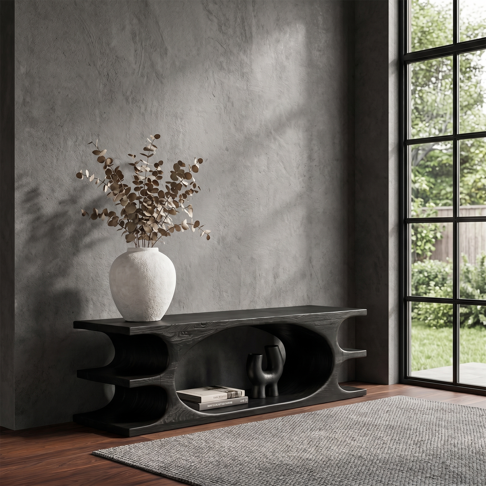 Organic Sculptural Wooden Bench With Flowing Curved Base For Living Room And Entryway