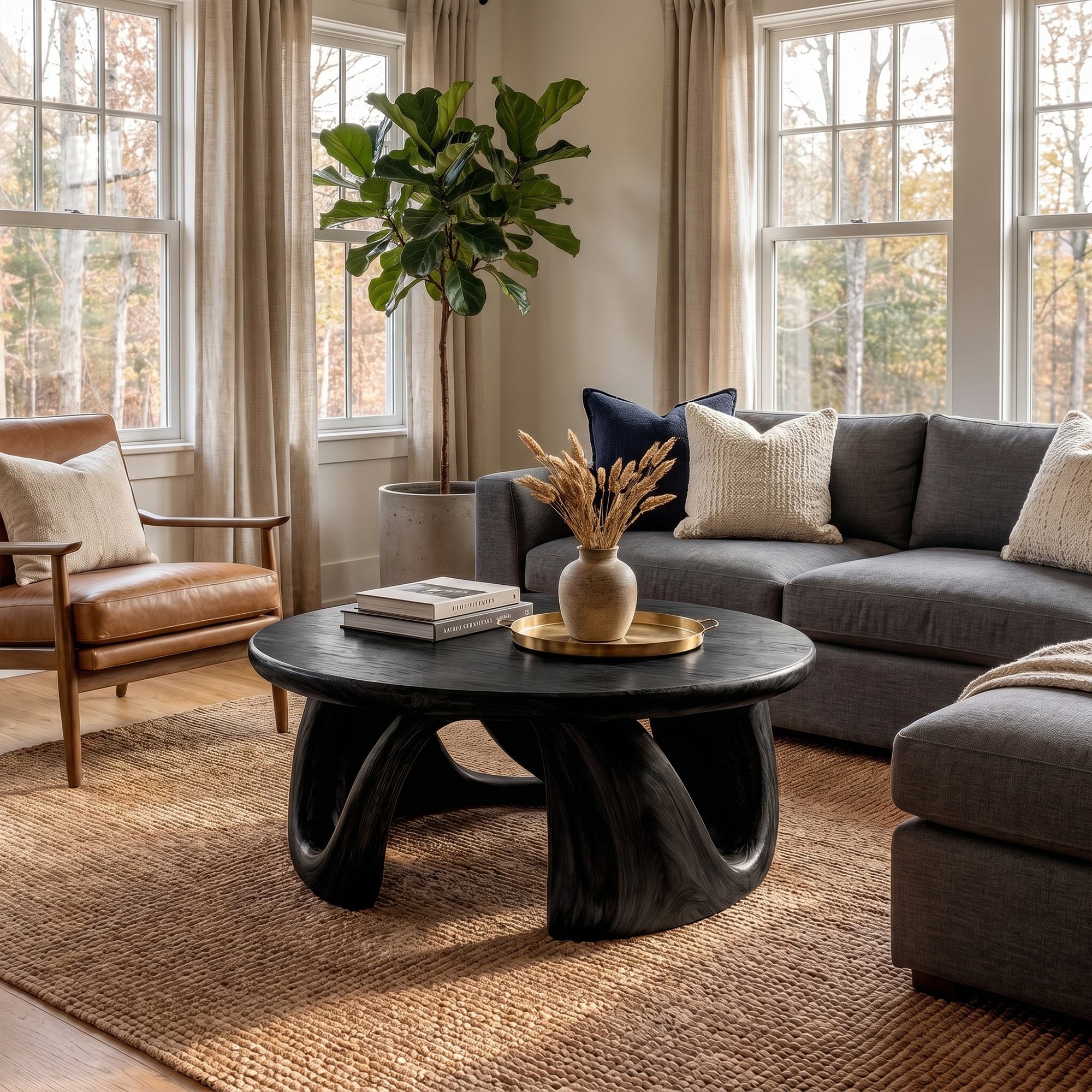 Organic Modern Coffee Table With Round Wood Top And Artistic Curved Base For Living Room