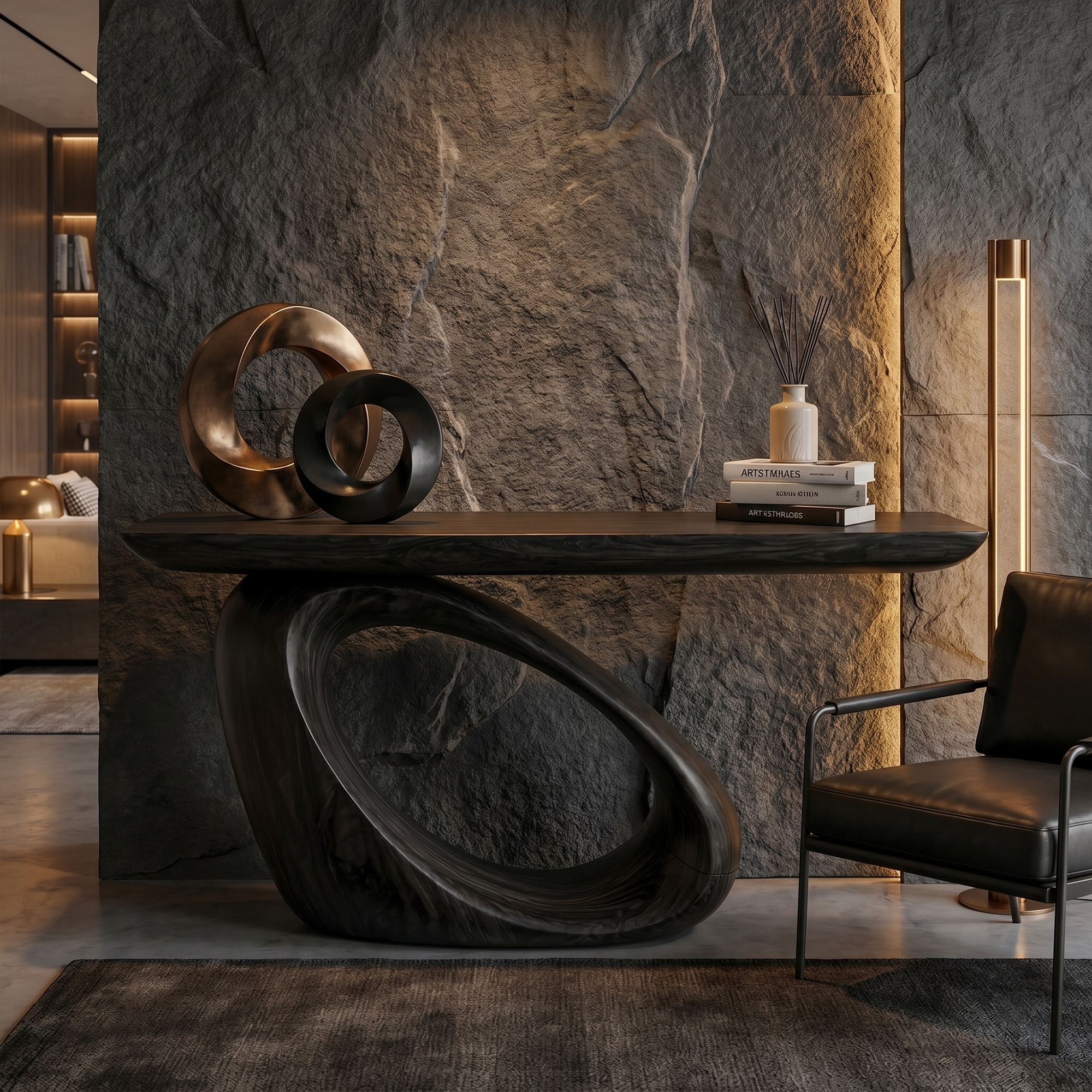 Modern Organic Console Table With Sculptural Loop Pedestal Wood Base For Entryway And Living Room