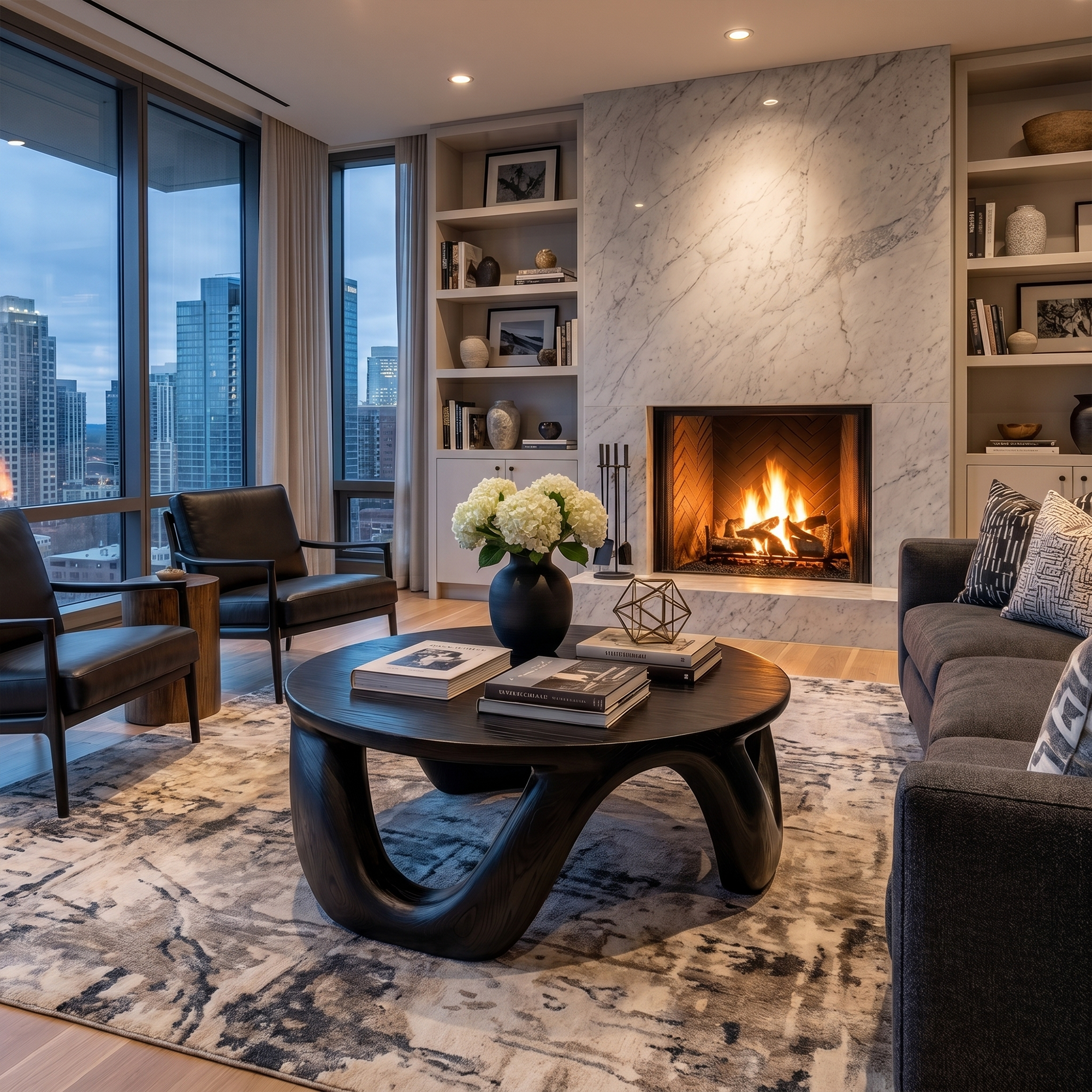 Modern Coffee Table With Round Solid Wood Top And Artistic Sculptural Base For Living Room