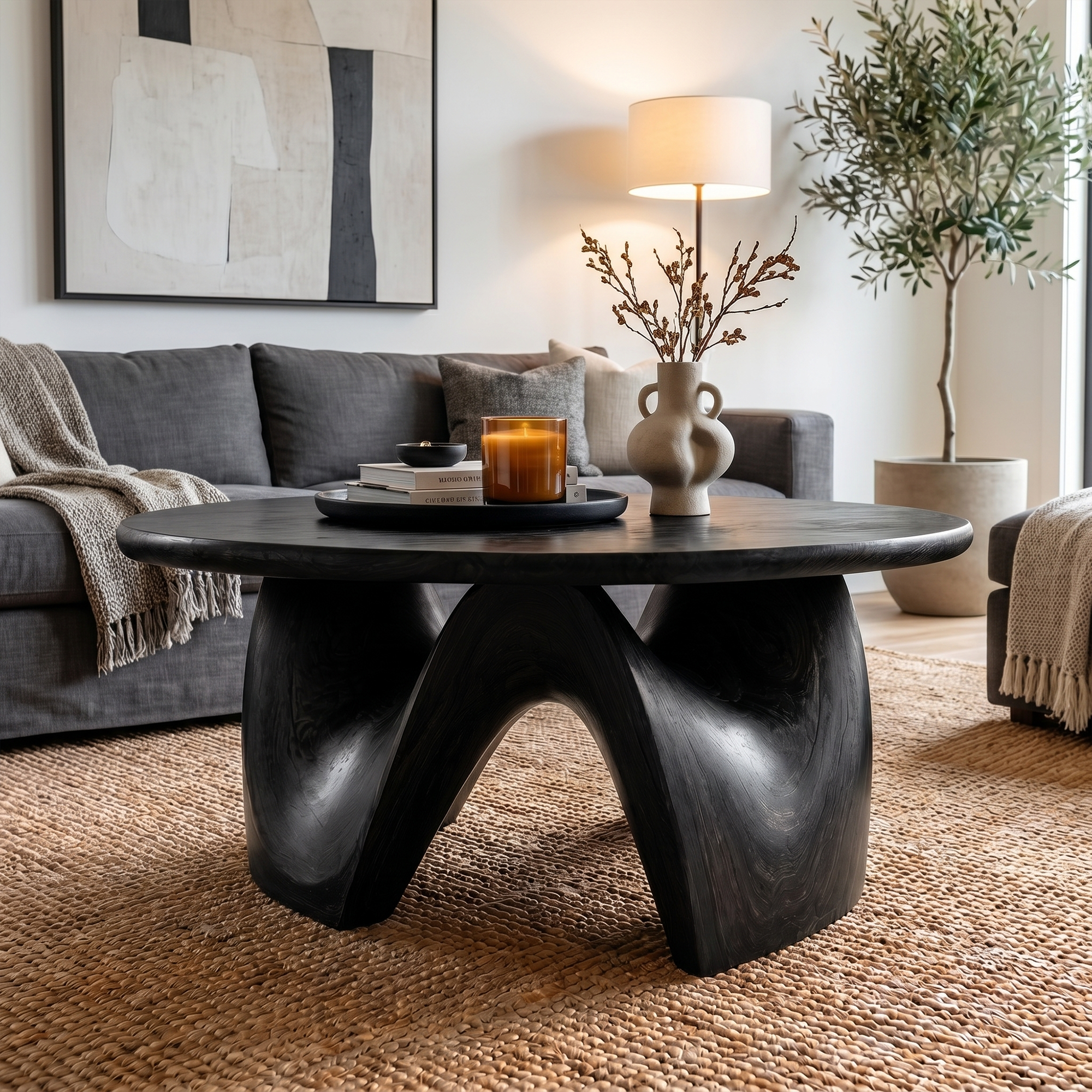 Rustic Coffee Table With Sculptural Solid Wood Base And Round Live Edge Top For Living Room