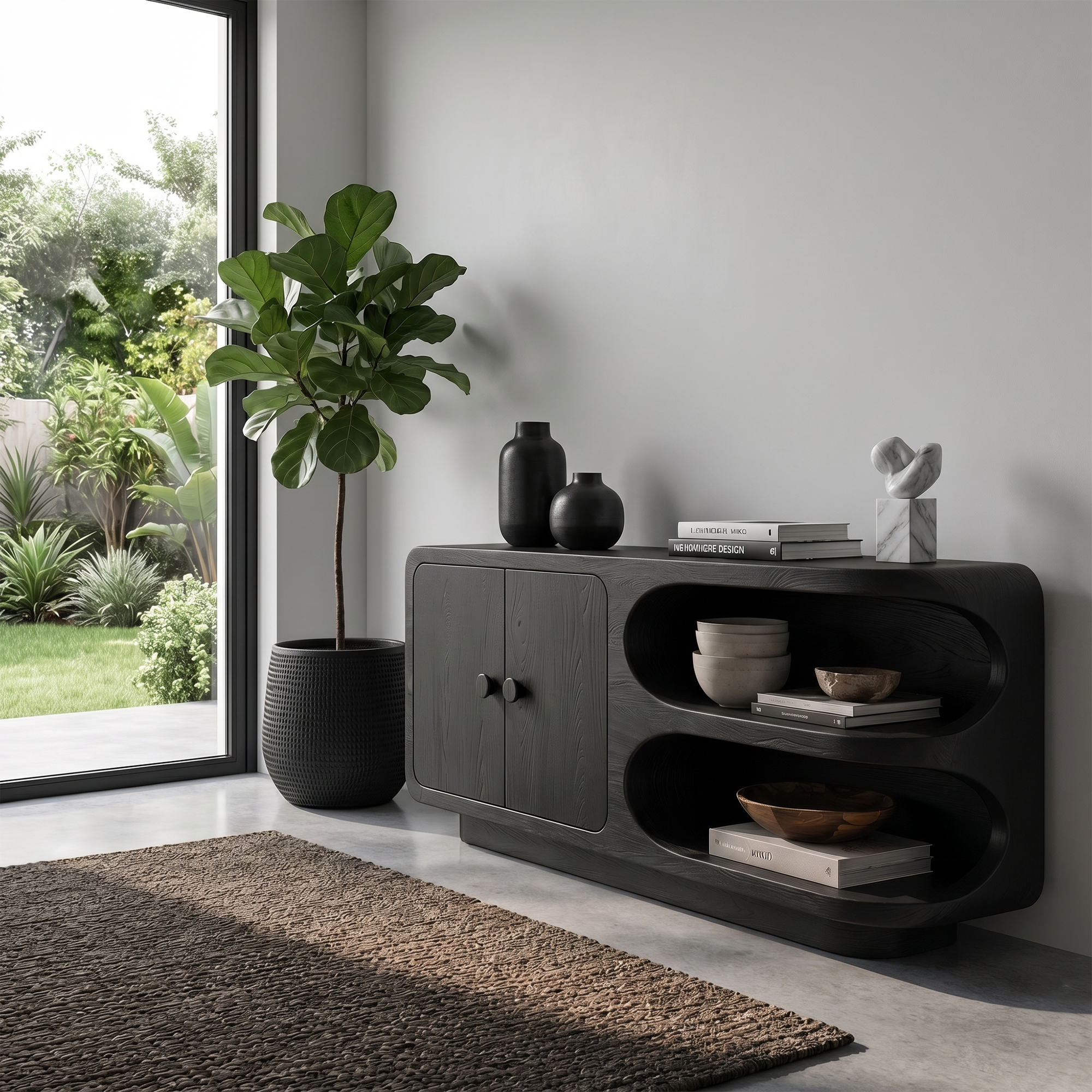 Organic Sideboard With Rounded Solid Wood Frame And Open Display Shelves For Living Room
