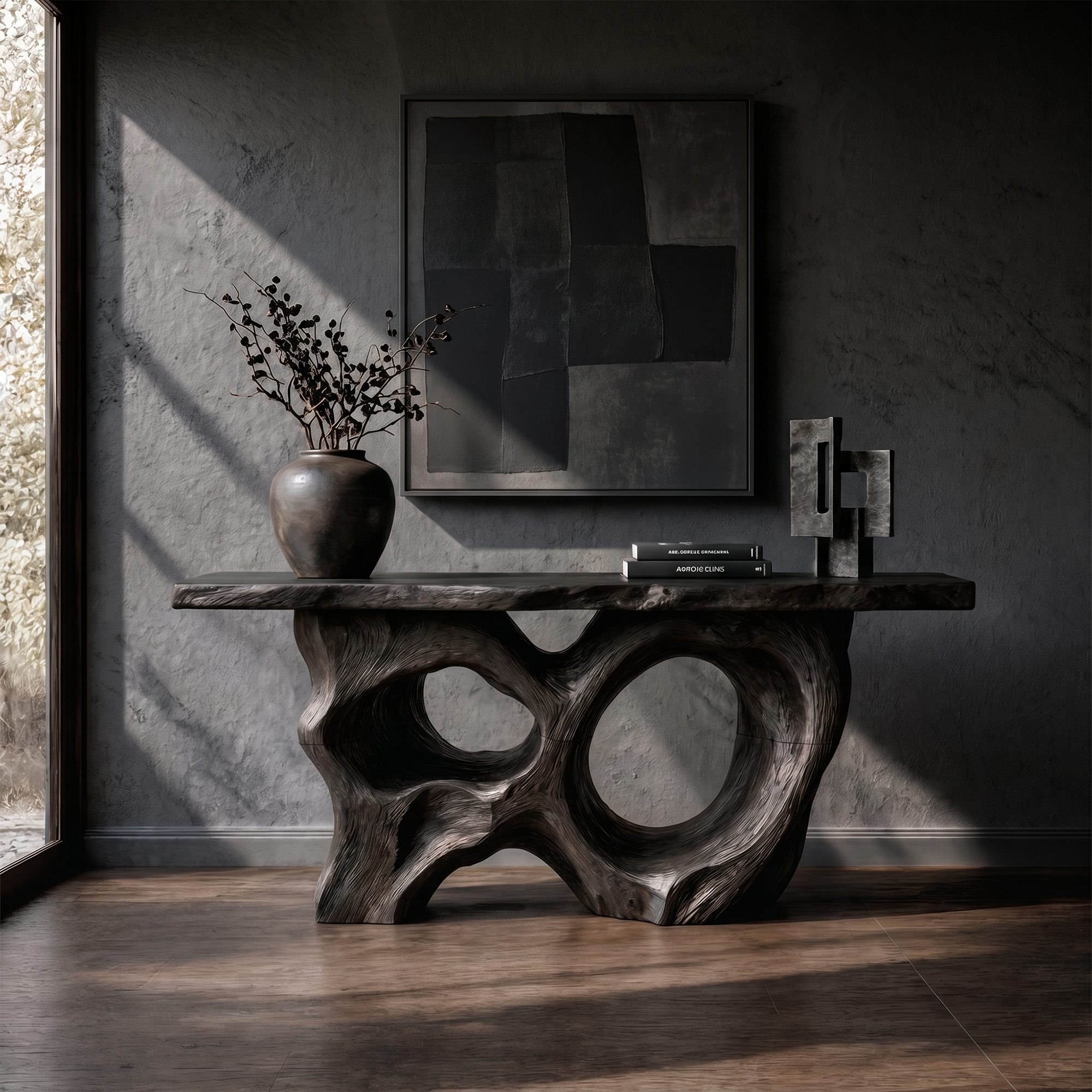 Modern Console Table With Sculptural Asymmetrical Wood Base  For Living Room