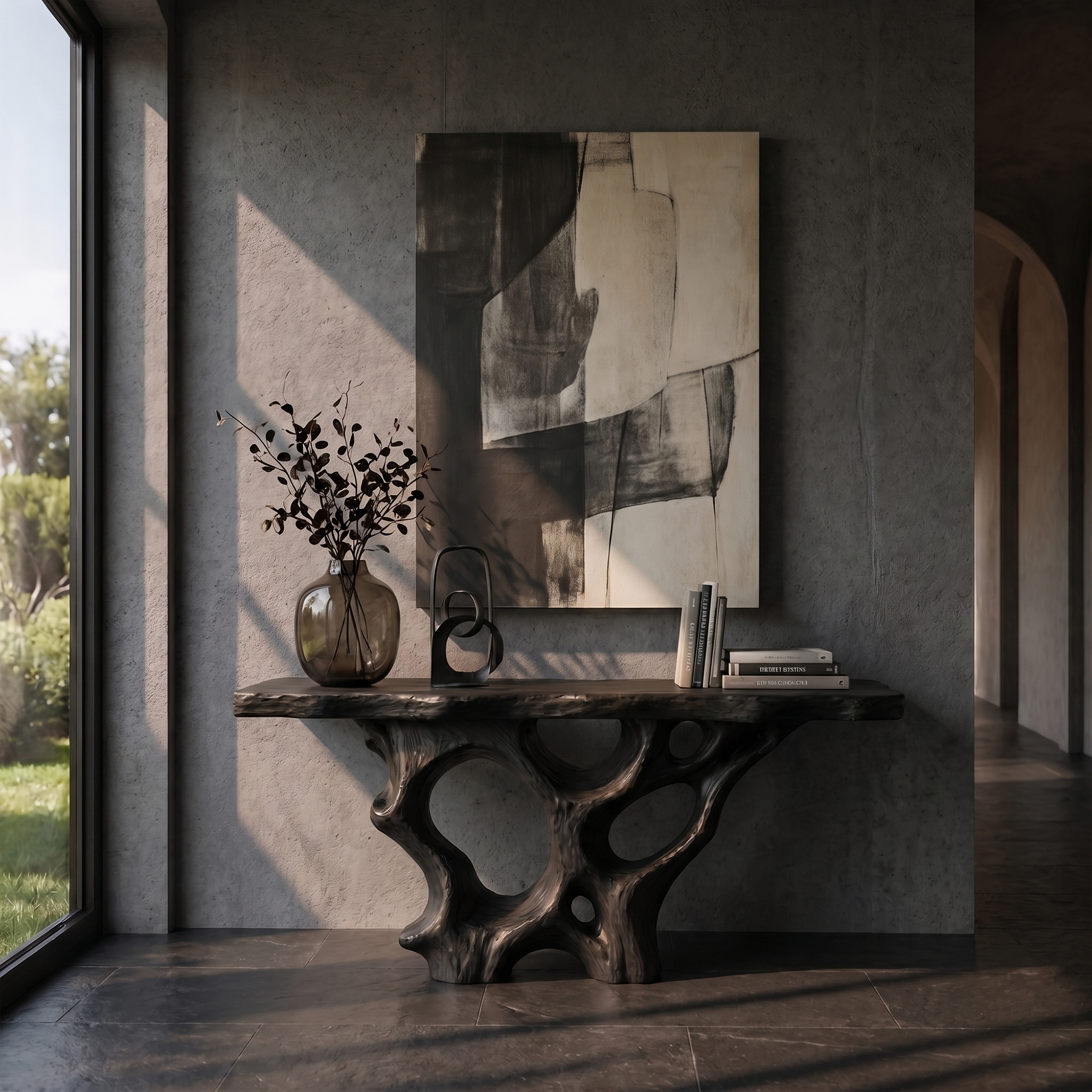 Organic Unique Console Table With Sculptural Natural Wood Base For Living Room