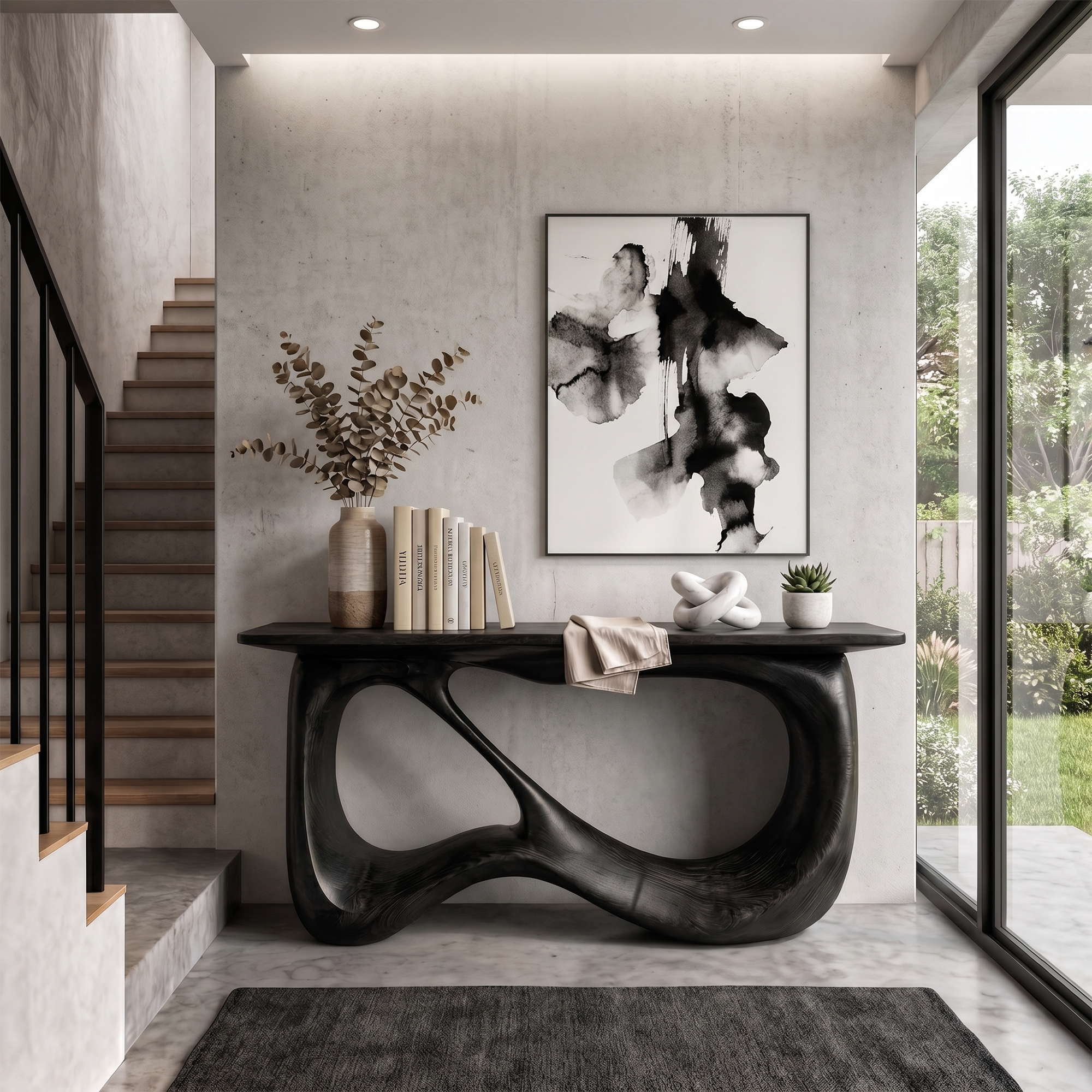 Minimalist Console Table With Flowing Loop Wood Base For Entryway