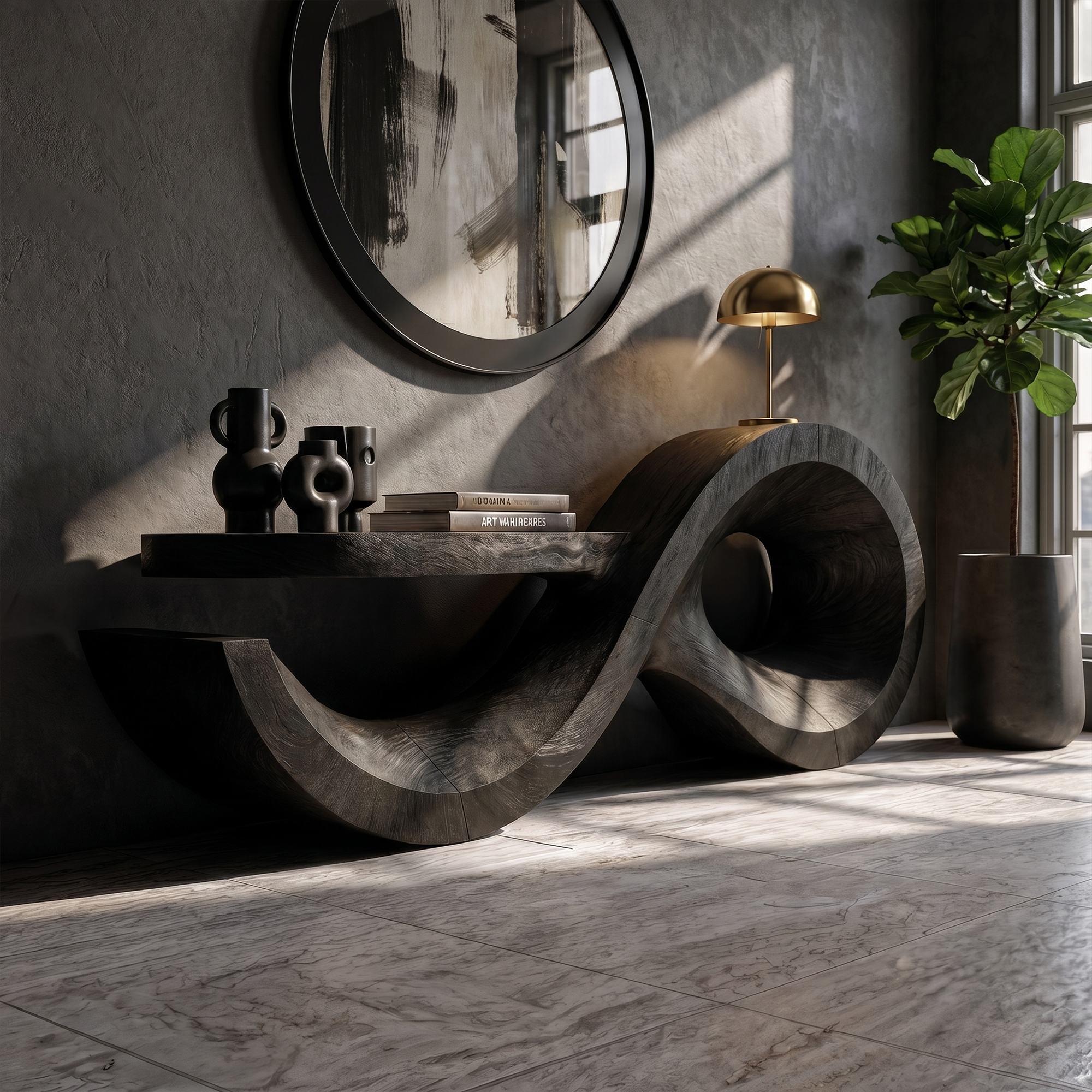 Contemporary Console Table With Sculptural Wave Wood Base And Solid Wood Top For Living Room
