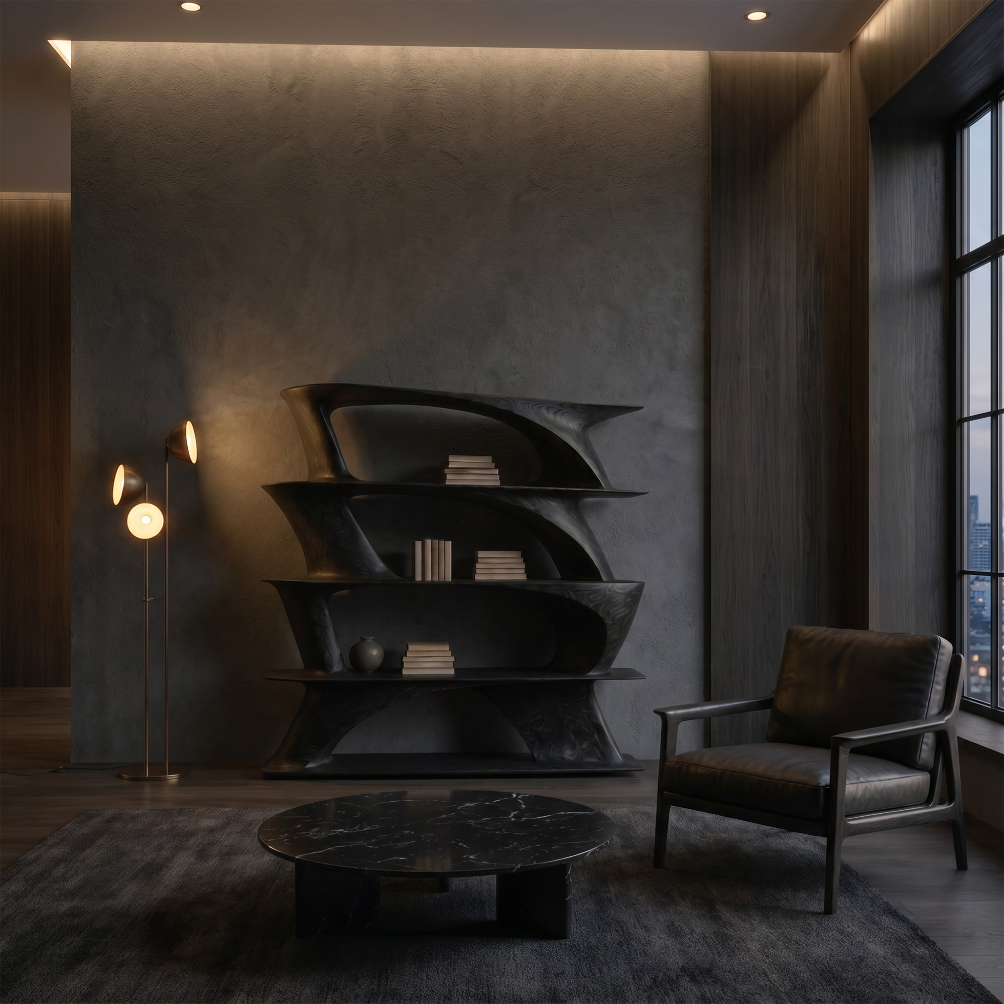 Organic Sculptural Bookshelf With Asymmetrical Open Shelves For Living Room