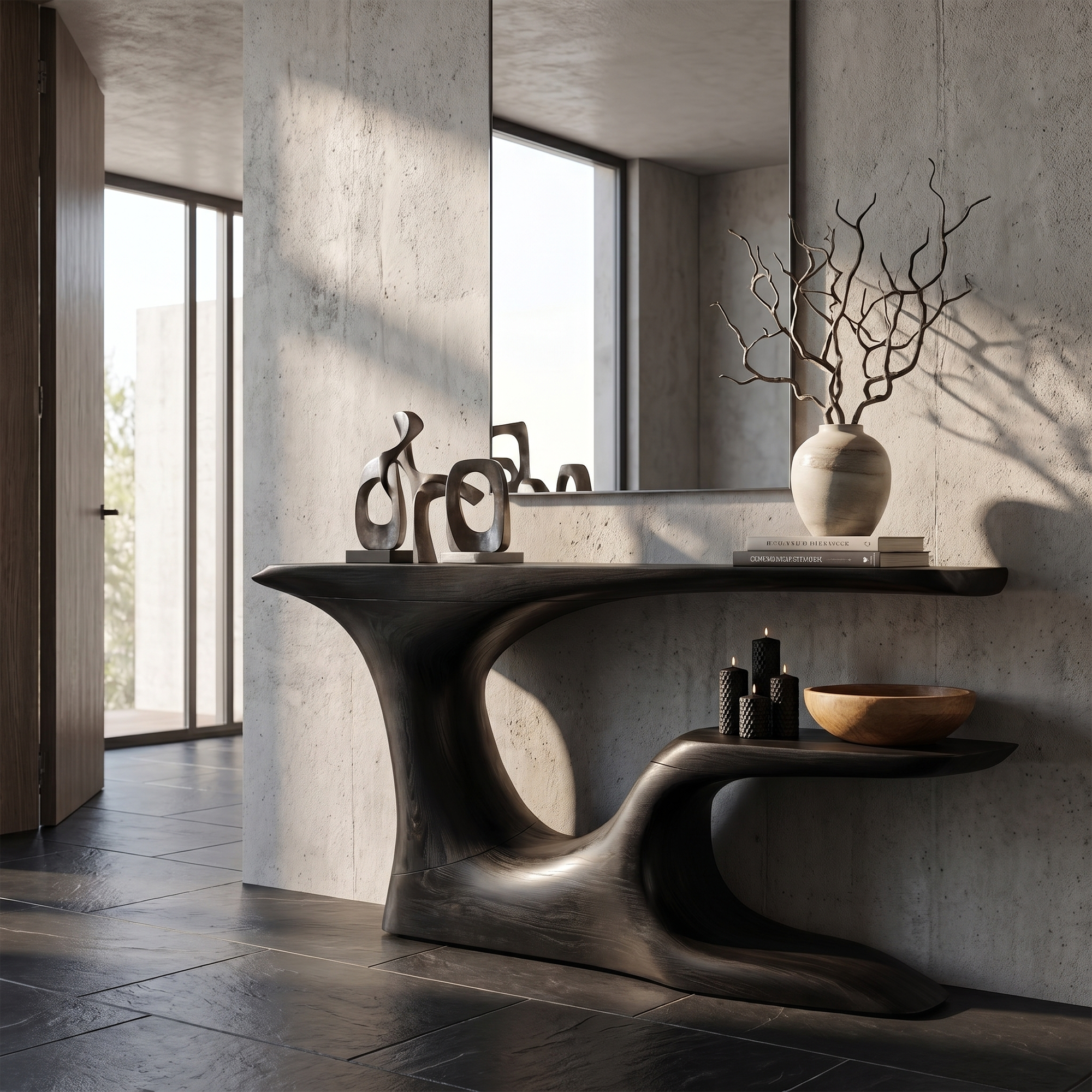 Rustic Organic Console Table With Live Edge Top And Sculptural Solid Wood Base For Entryway