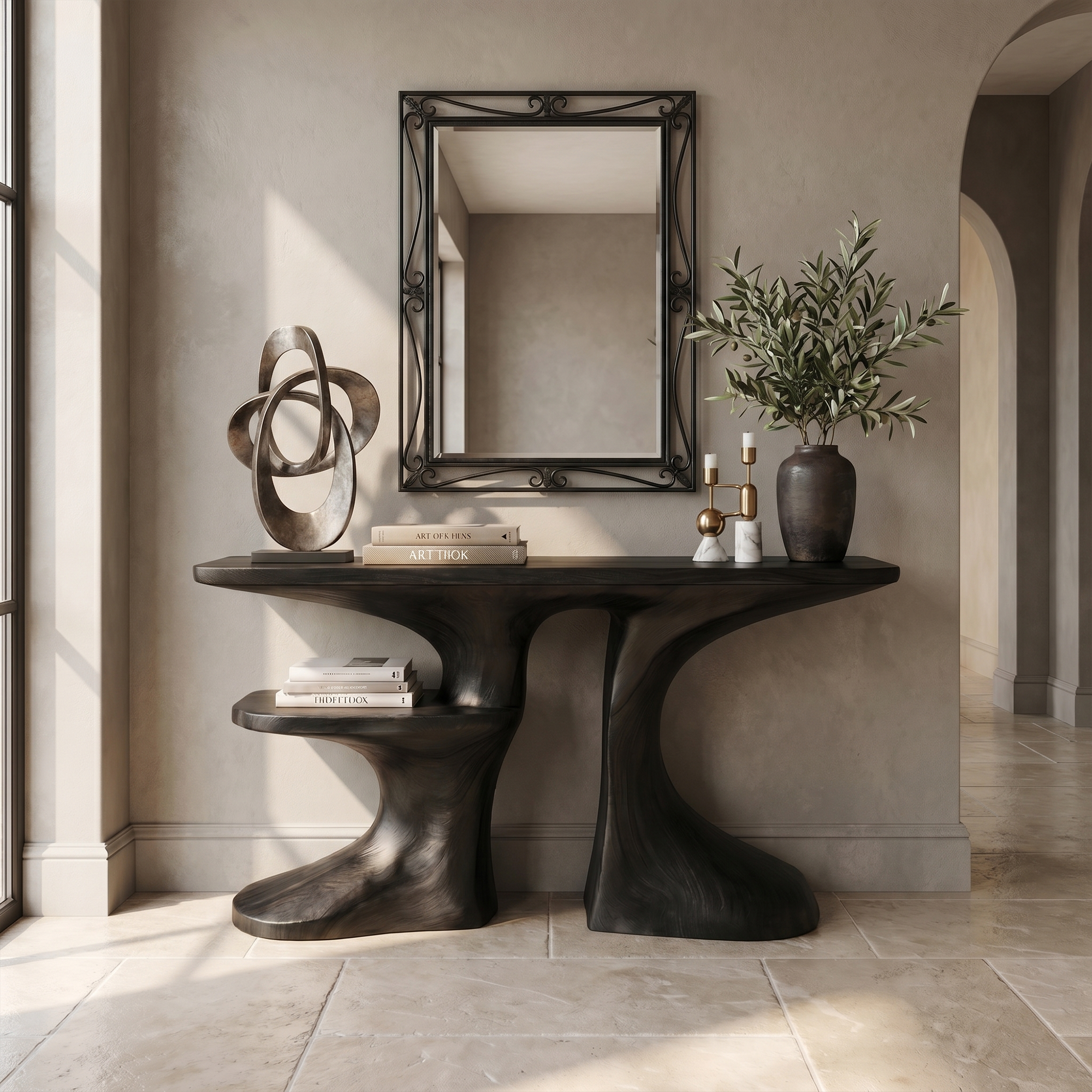 Organic Console Table With Live Edge Countertop And Sculptural Solid Wood Base For Entryway