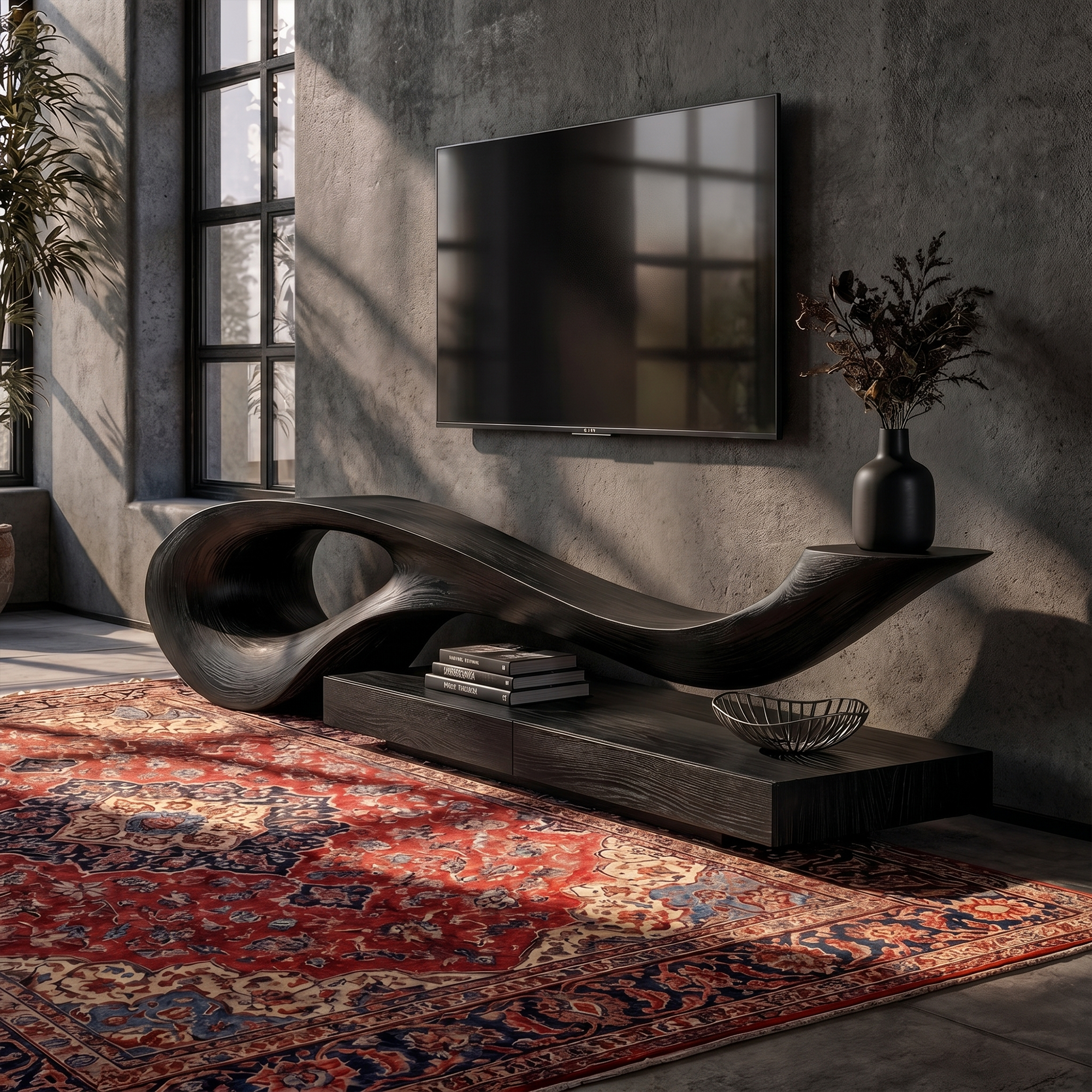 Sculptural TV Cabinet With Unique Flowing Curve Wood Base And Solid Wood Media Console For Living Room