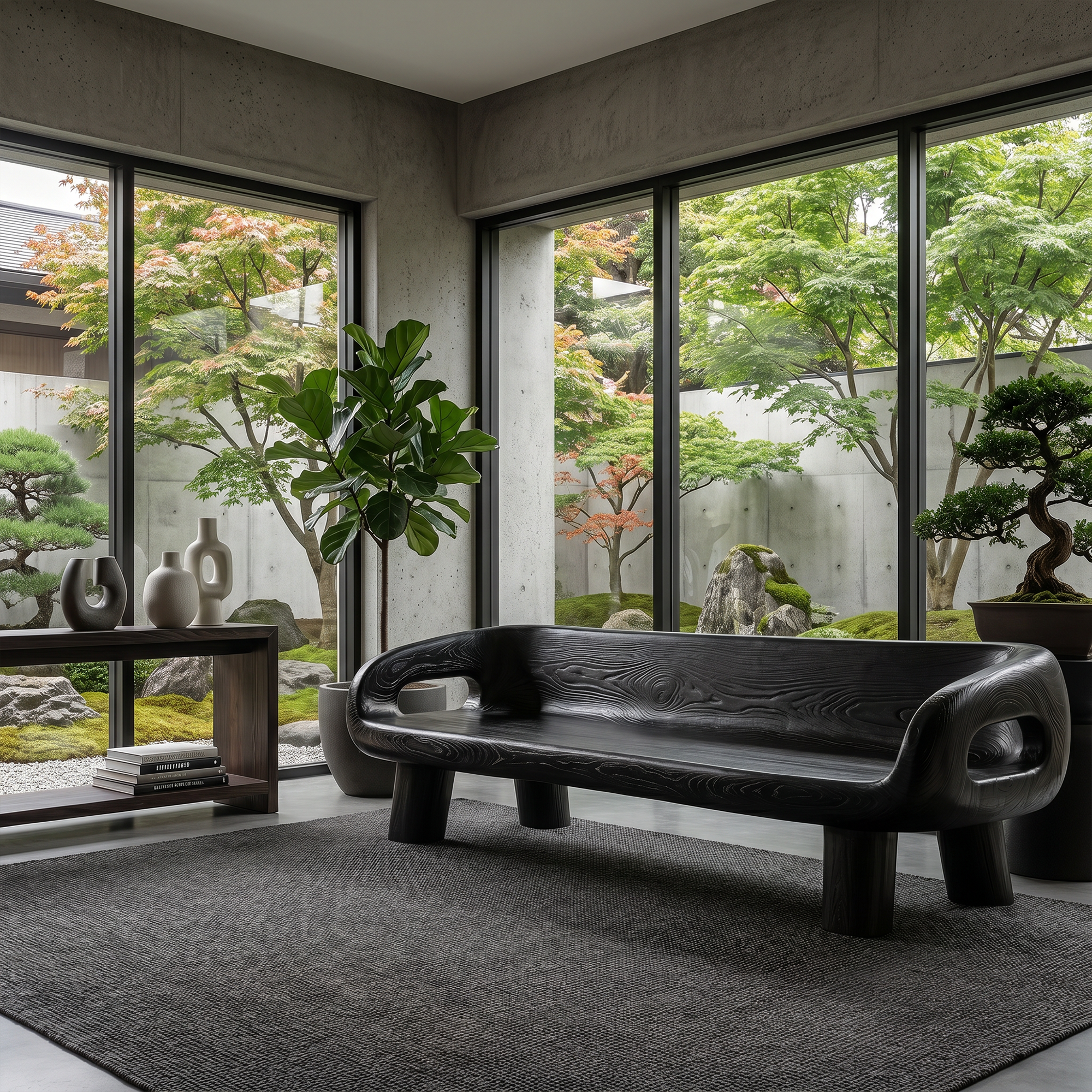 Modern Organic Sofa Frame With Curved Solid Wood Design And Integrated Side Table For Living Room
