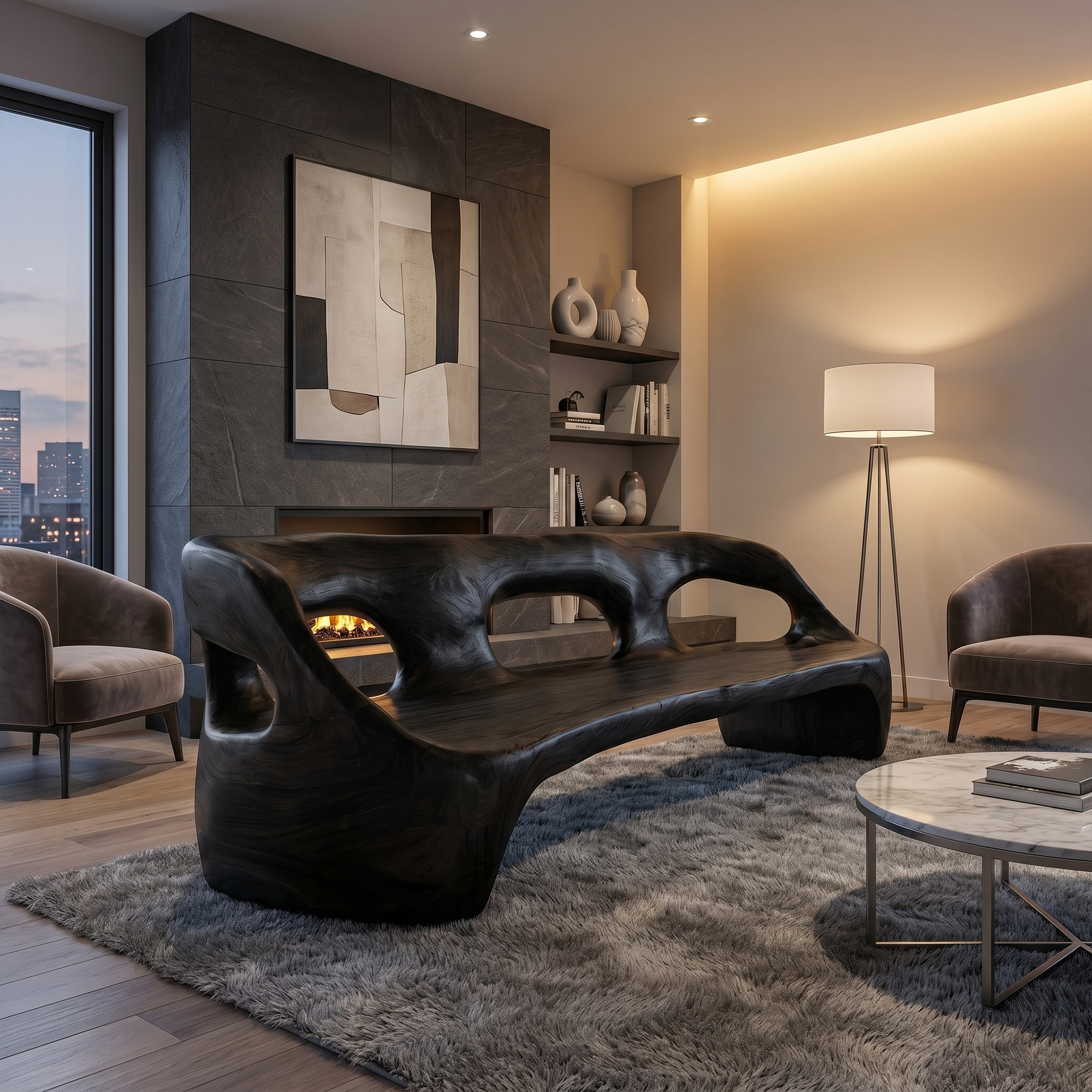 Contemporary Sculptural Sofa Frame With Curved Solid Wood Design For Living Room