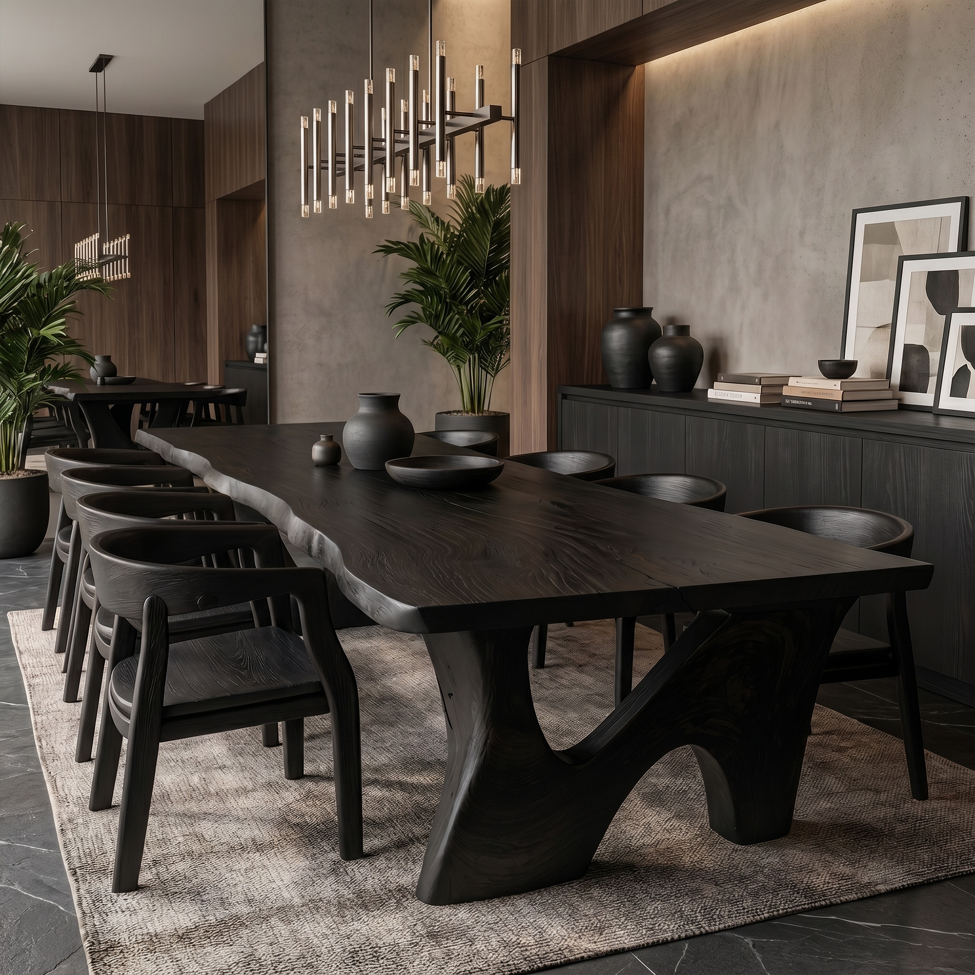 Rustic Modern Dining Table With Solid Wood Top And Sculptural Curved Base For Dining Room