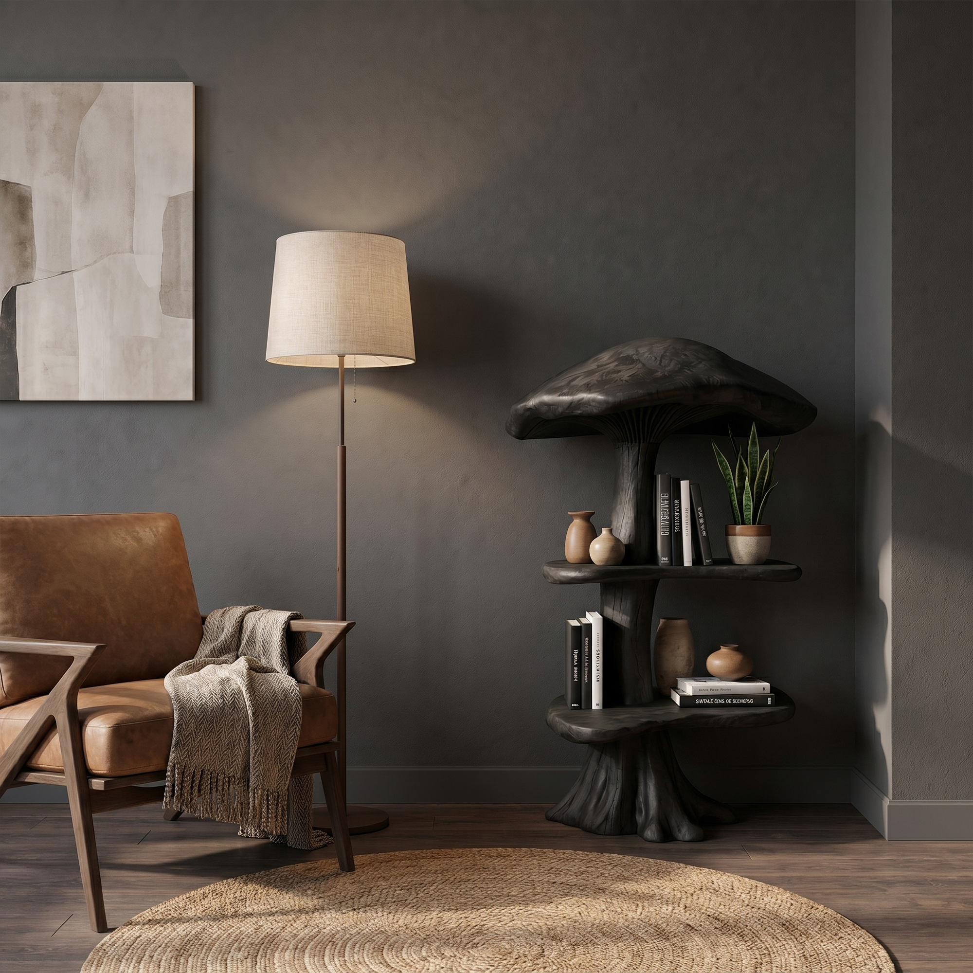 Organic Mushroom Display Bookshelf With Solid Wood Shelving For Living Room