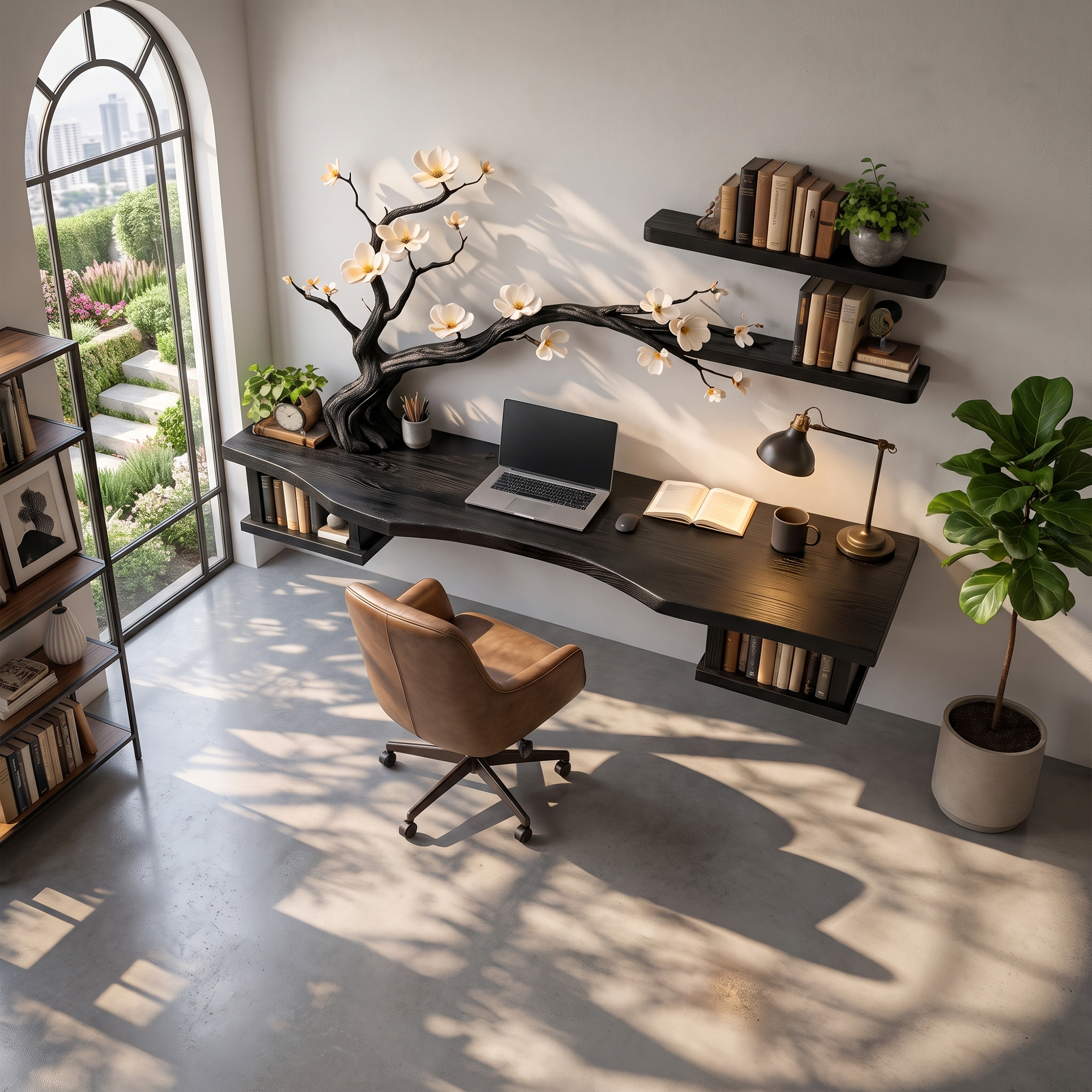 Organic Sculptural Floating Desk With Tree Branch Art For Home Office