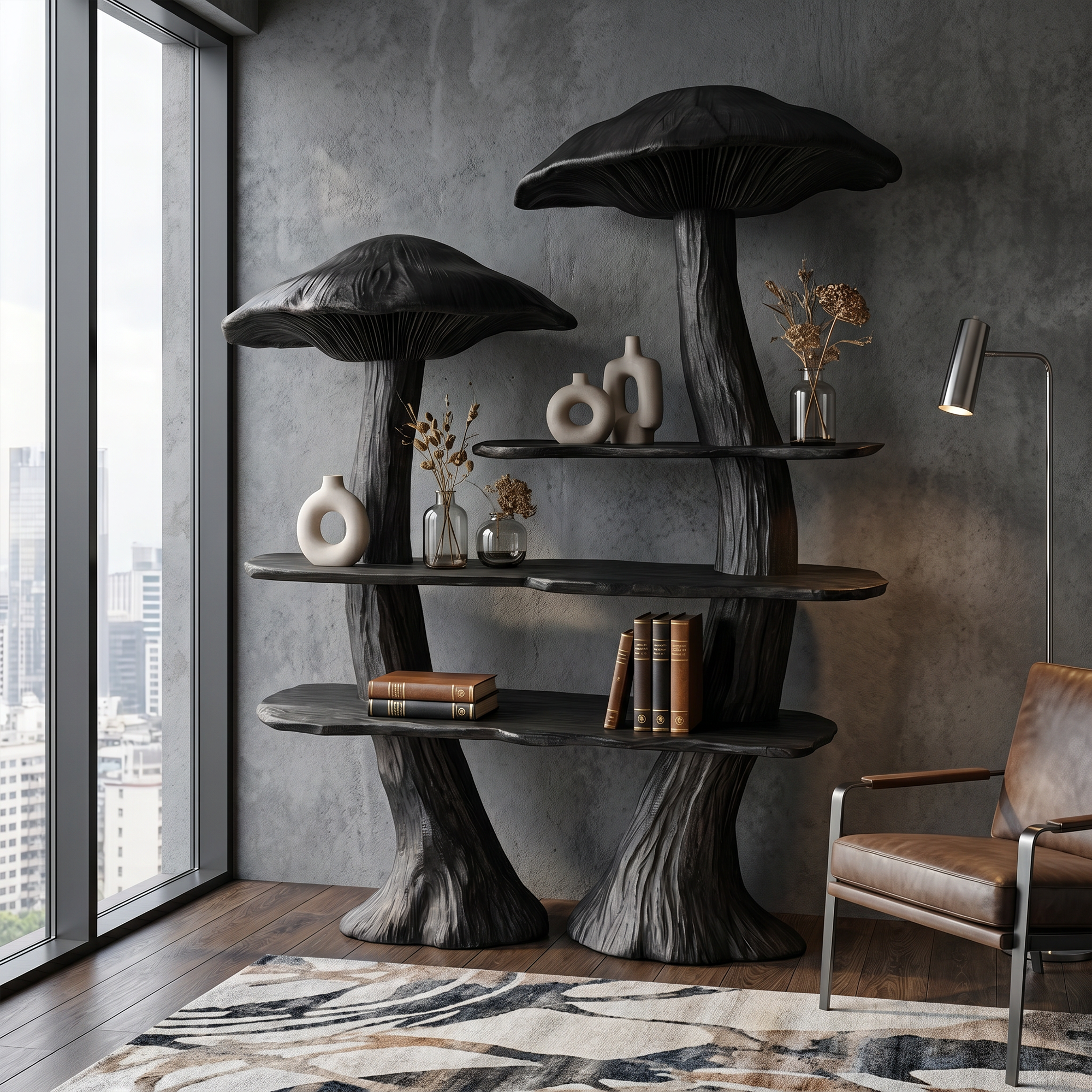Rustic Mushroom Bookshelf With Tree Trunk Base And Solid Wood Shelves For Living Room