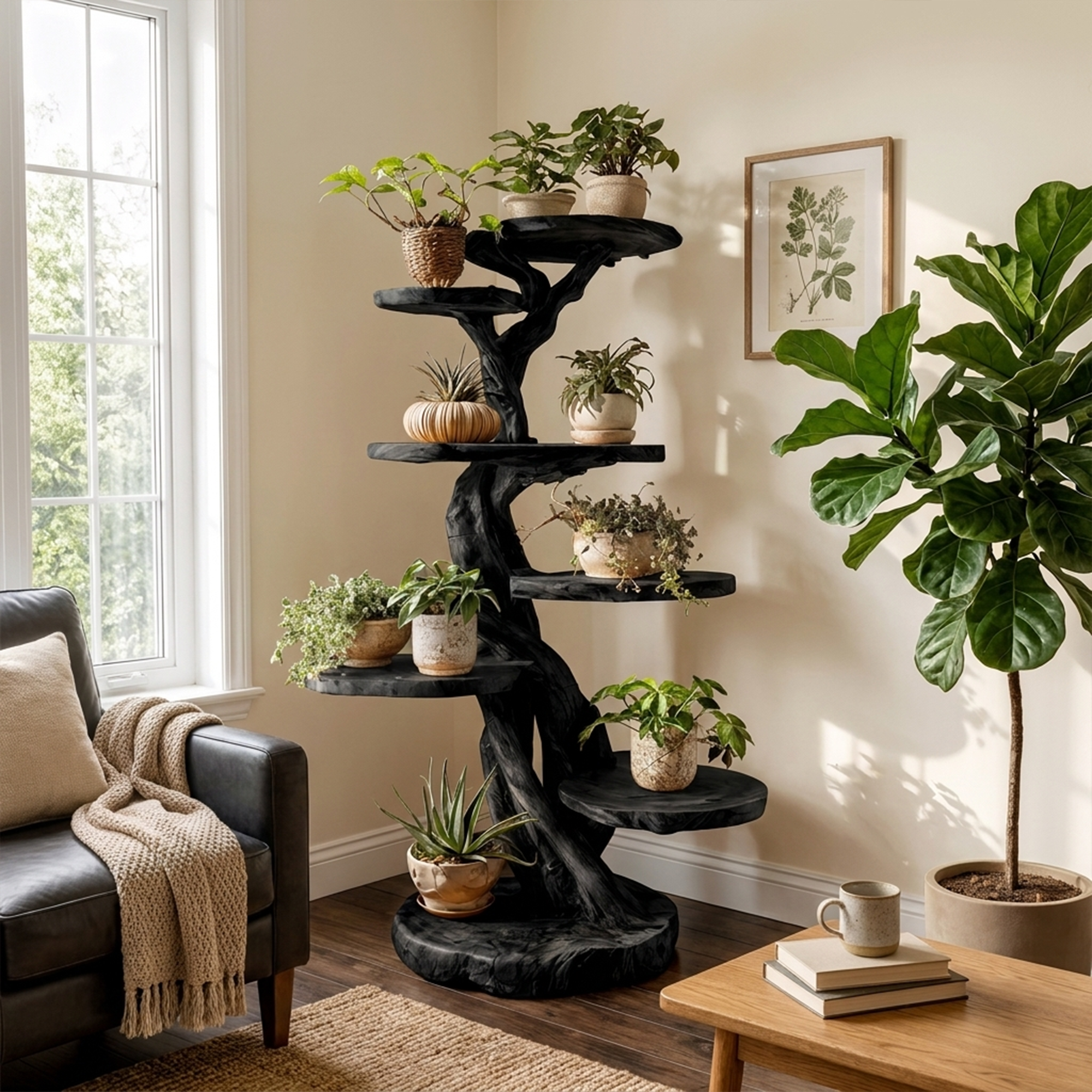 Rustic Tree Plant Shelf Natural Interior Design Home Decor