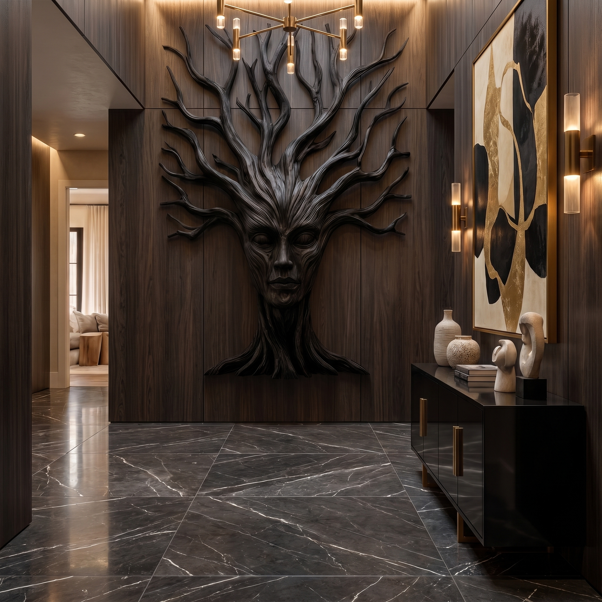 Mystical Tree Spirit Wooden Wall Art With Sculptural Face Design For Entryway And Living Room