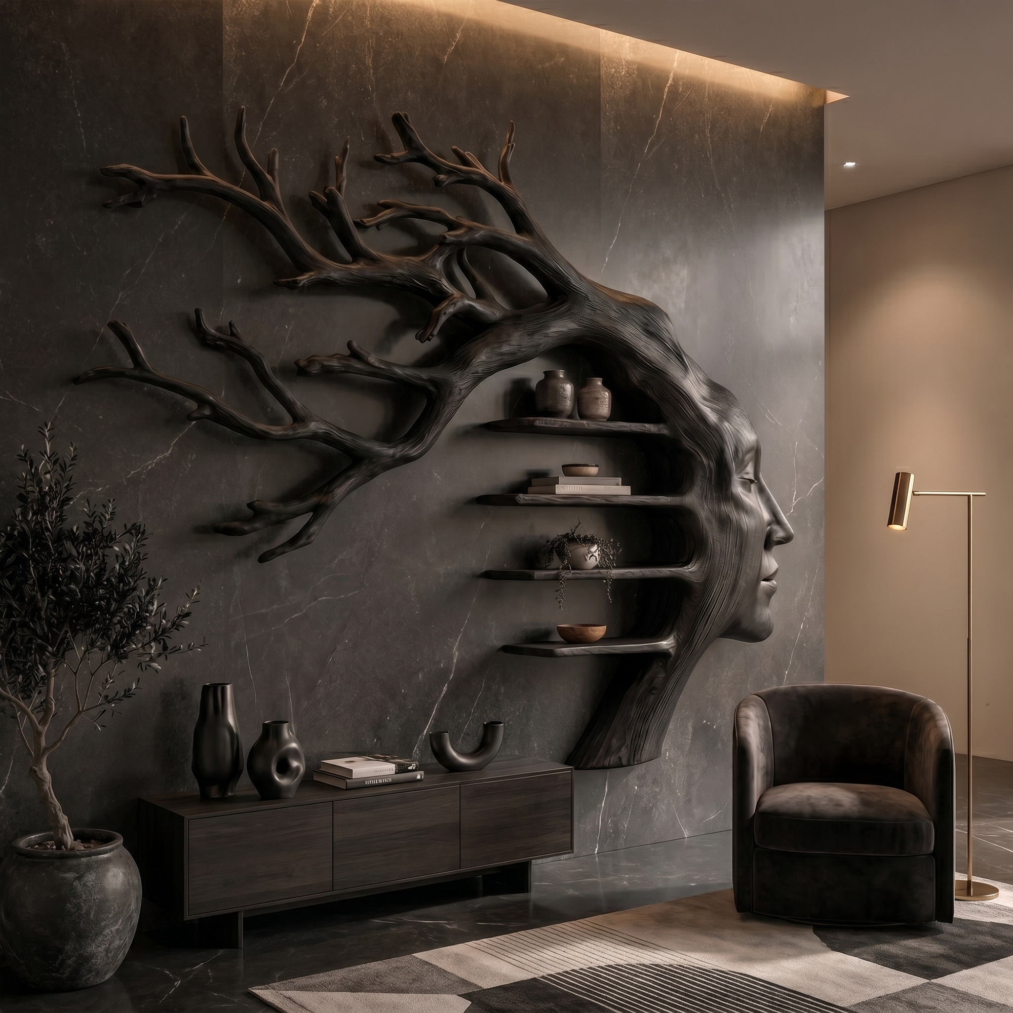 Rustic Tree Branch Wooden Wall Art With Floating Shelves For Living Room And Entryway