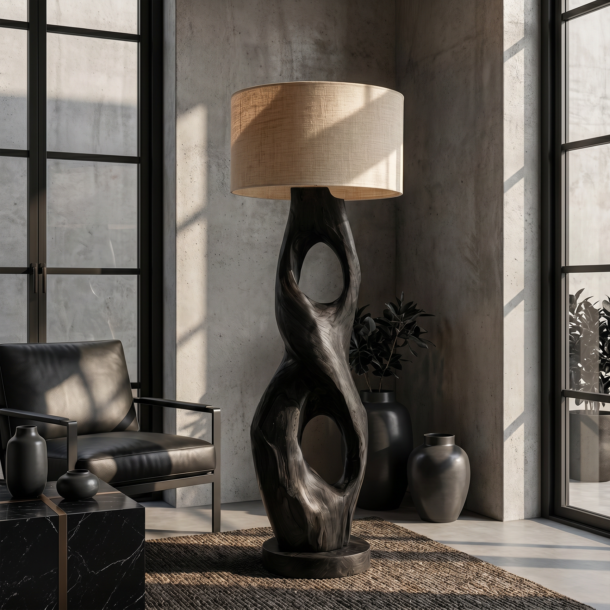 Rustic Floor Lamp With Handcrafted Hollow Wood Sculpture Base For Living Room
