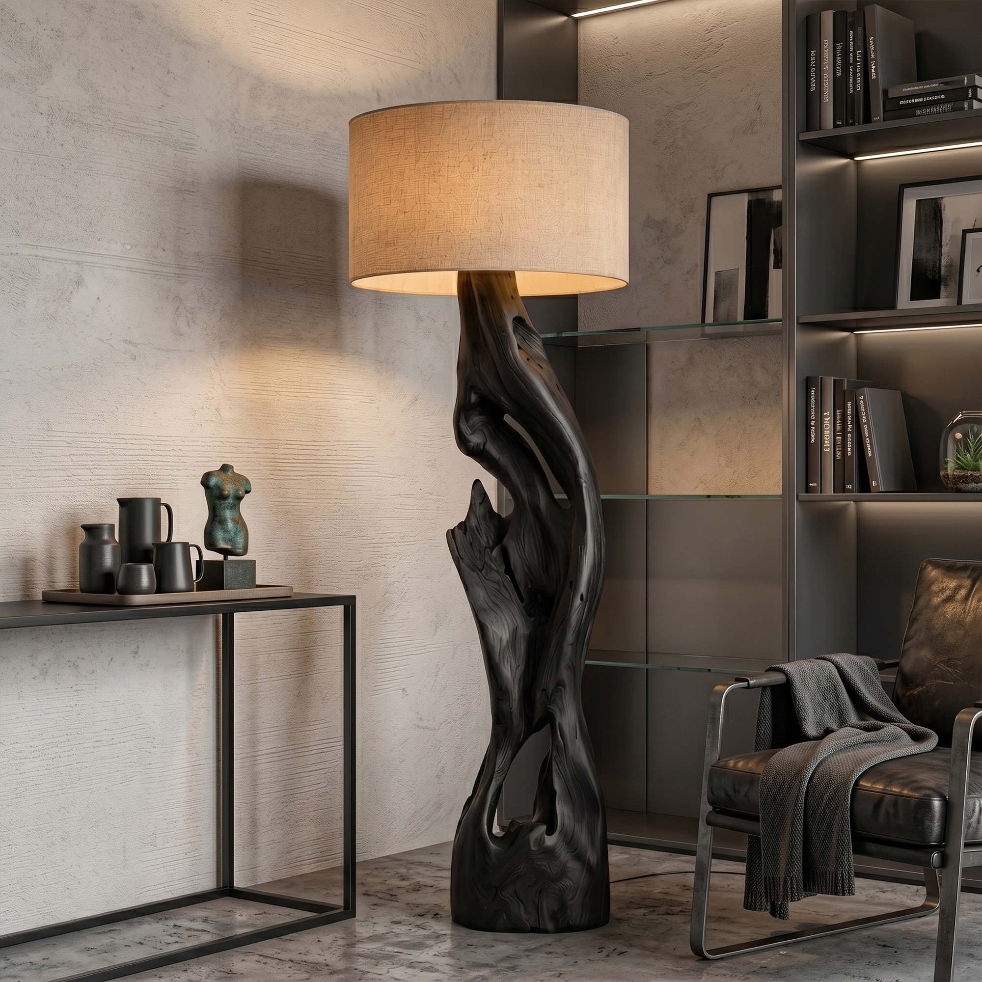 Sculptural Floor Lamp With Solid Wood Open Form Design For Living Room