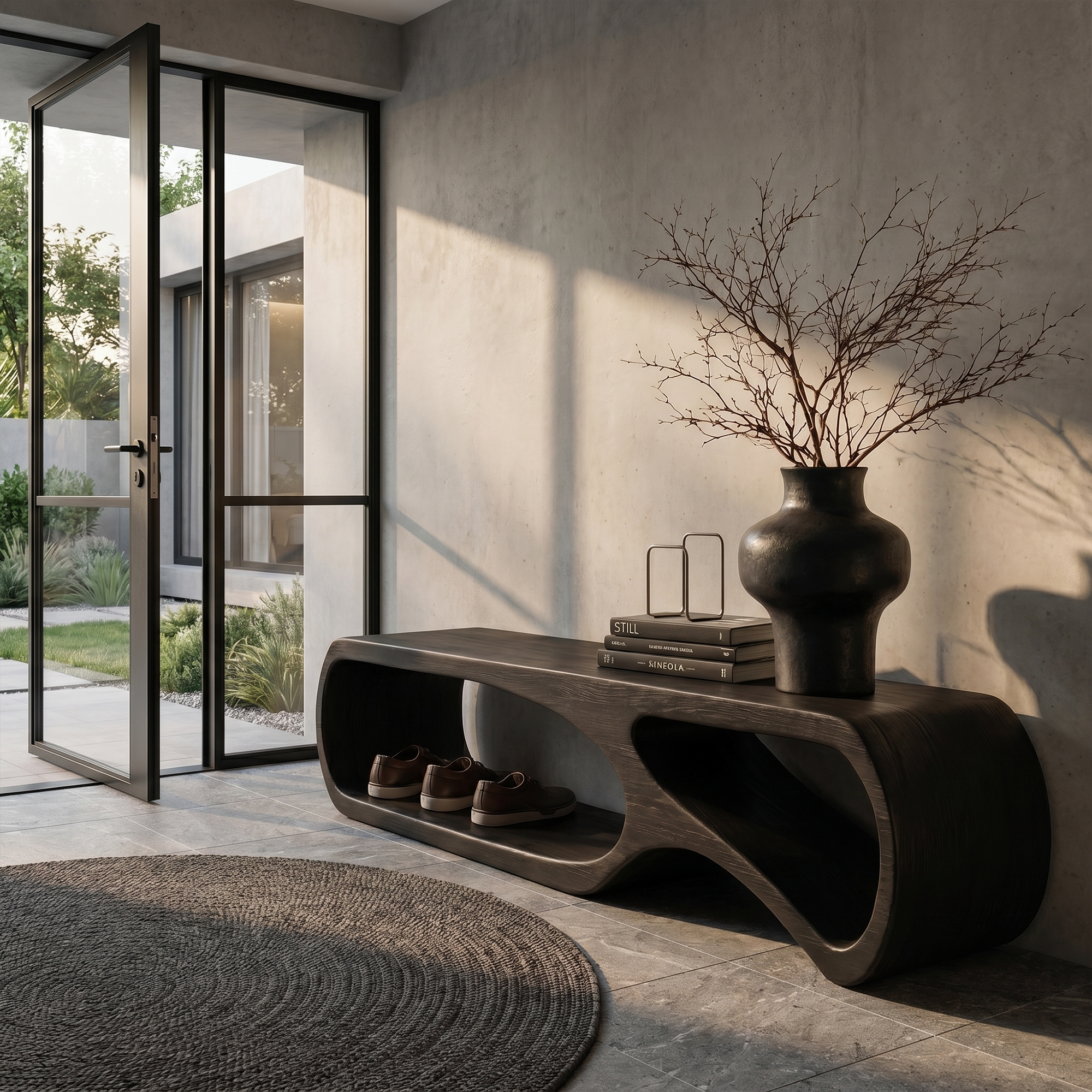 Sculptural Bench With Curved Open Storage Base For Entryway