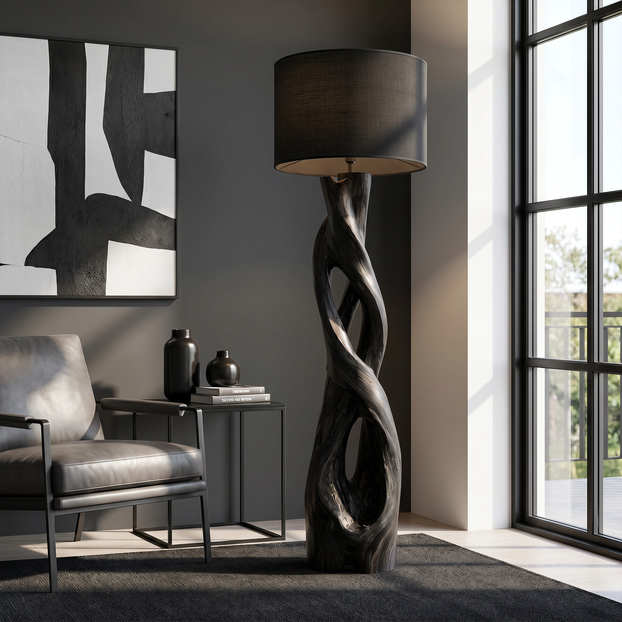 Nature Inspired Floor Lamp With Sculptural Wood Form And Fabric Shade For Living Room