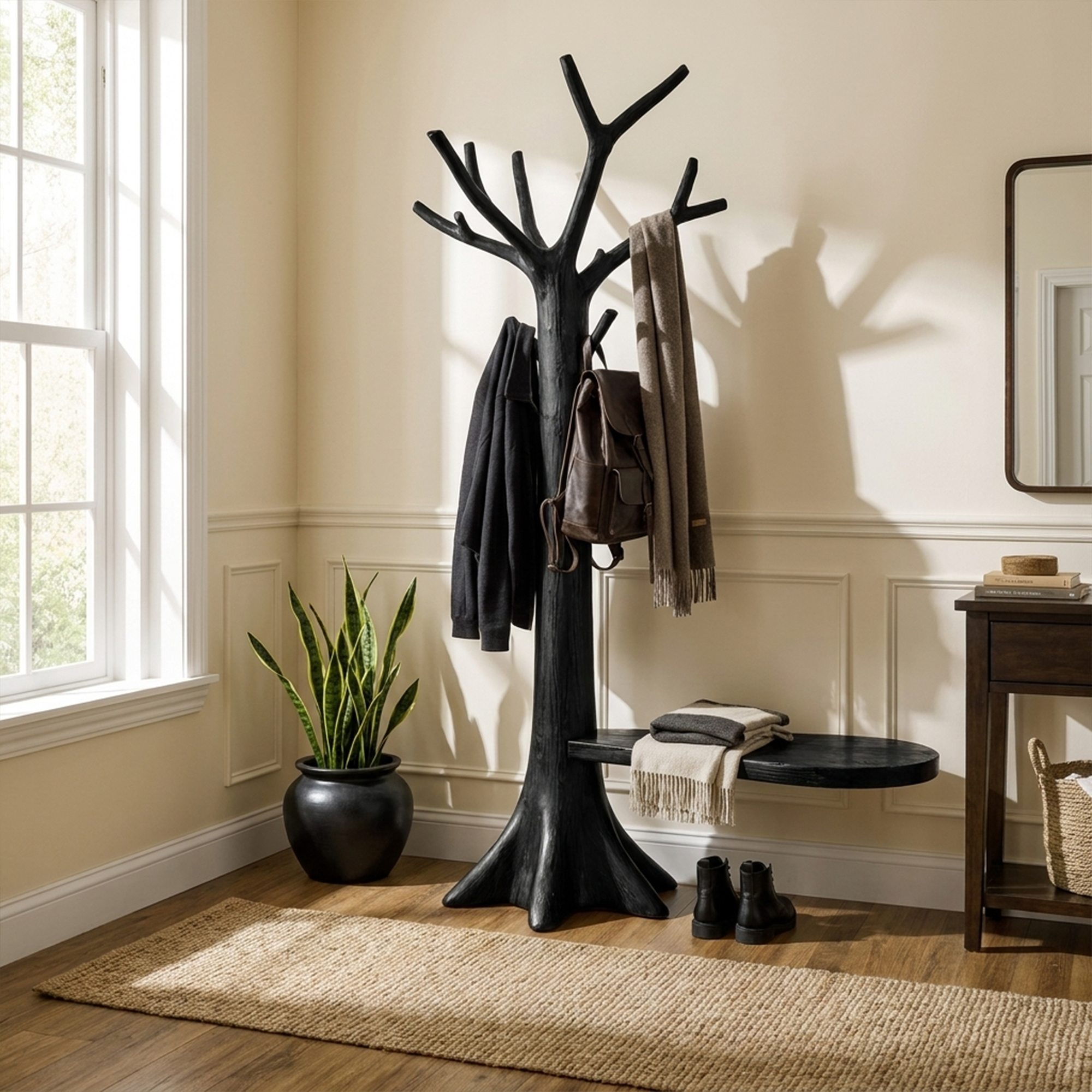Sculptural Tree Coat Rack Solid Wood Entryway Interior Statement Decor