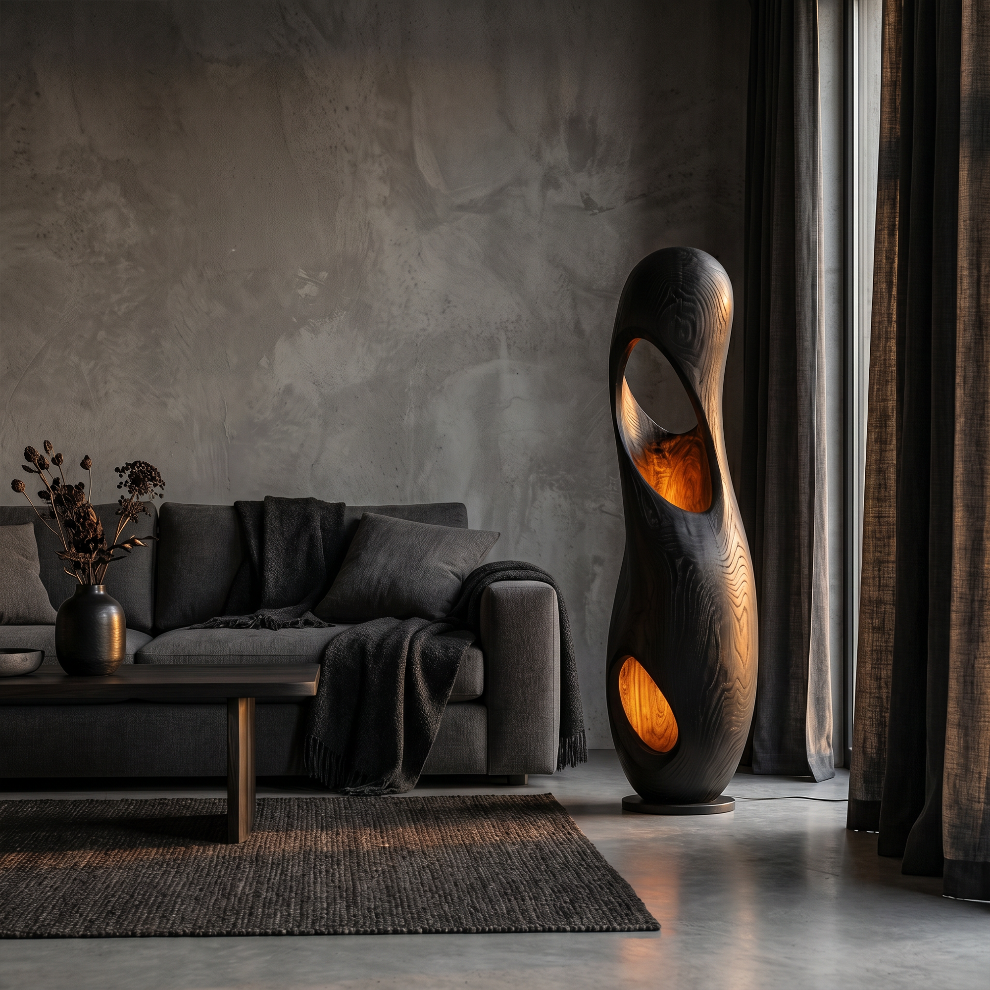 Organic Floor Lamp With Sculptural Hollow Wood Tower Design For Living Room