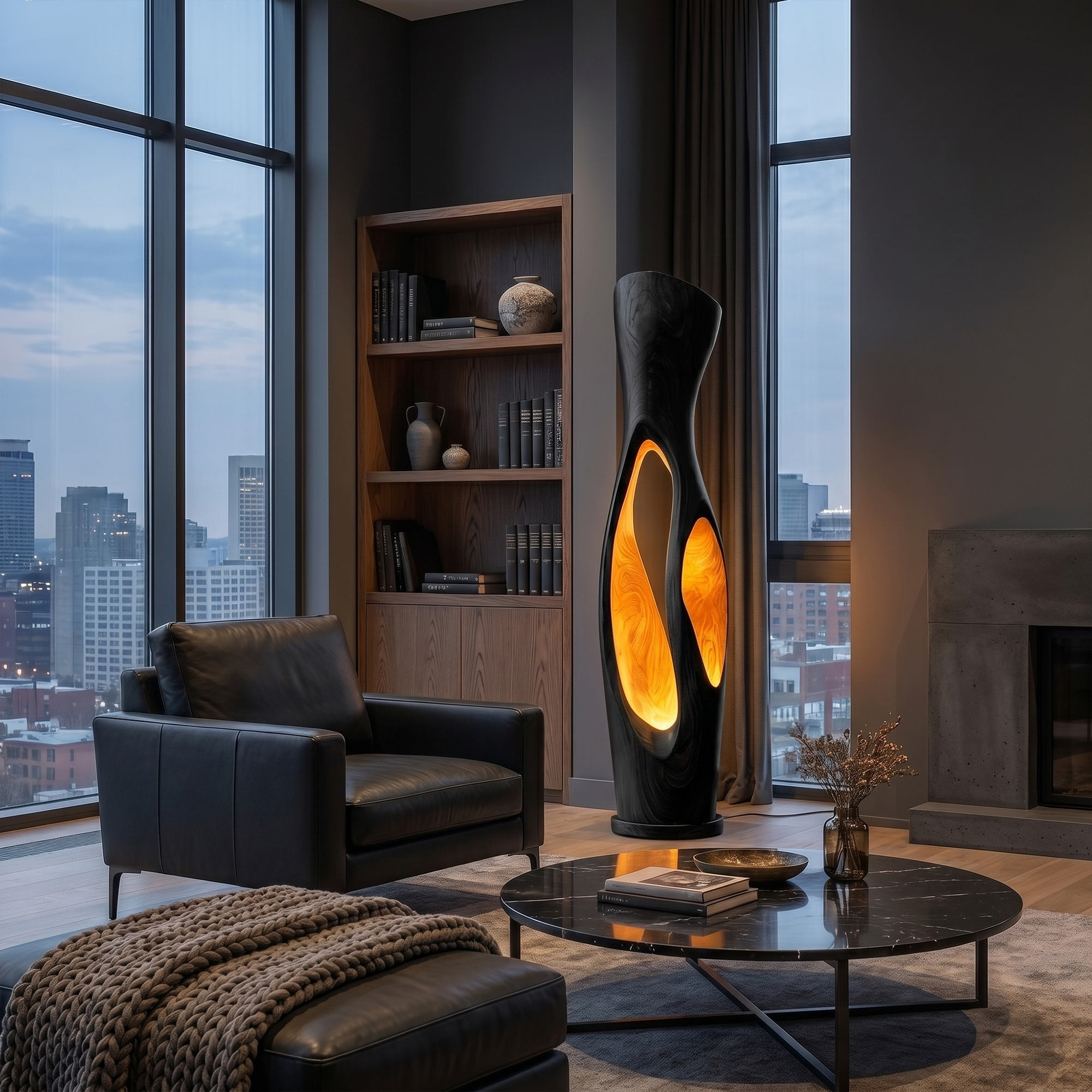 Modern Organic Floor Lamp With Illuminated Hollow Wood Design For Living Room