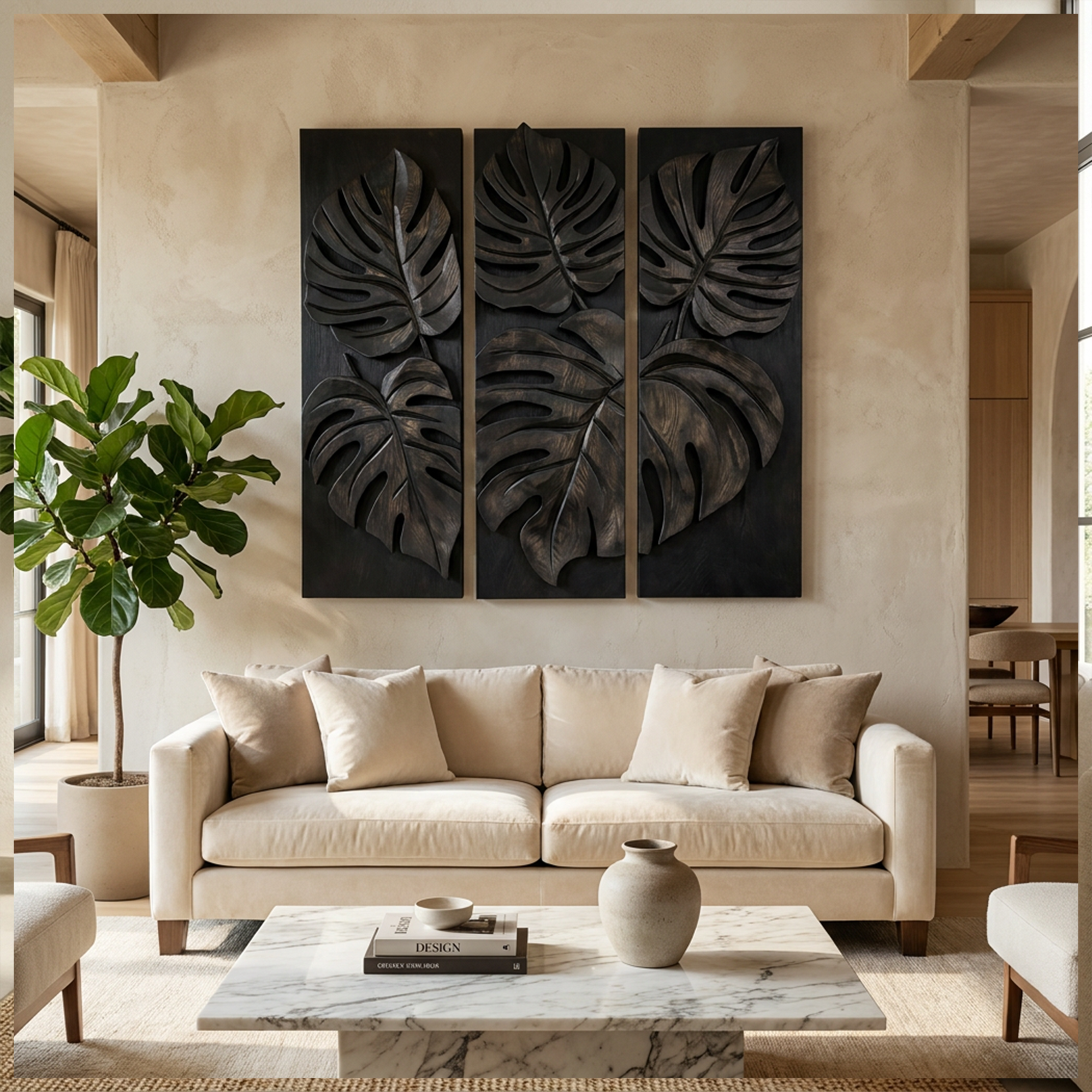 Carved Monstera Leaf Solid Wood Wall Art Triptych Statement Decor