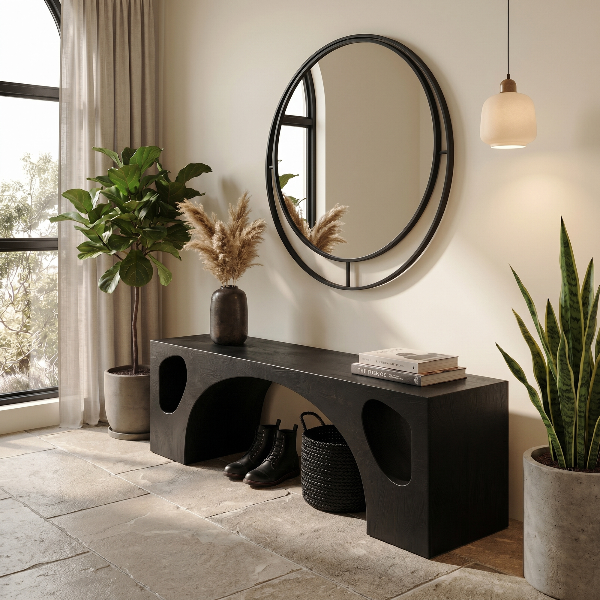 Modern Organic Bench With Sculptural Arch Base For Entryway