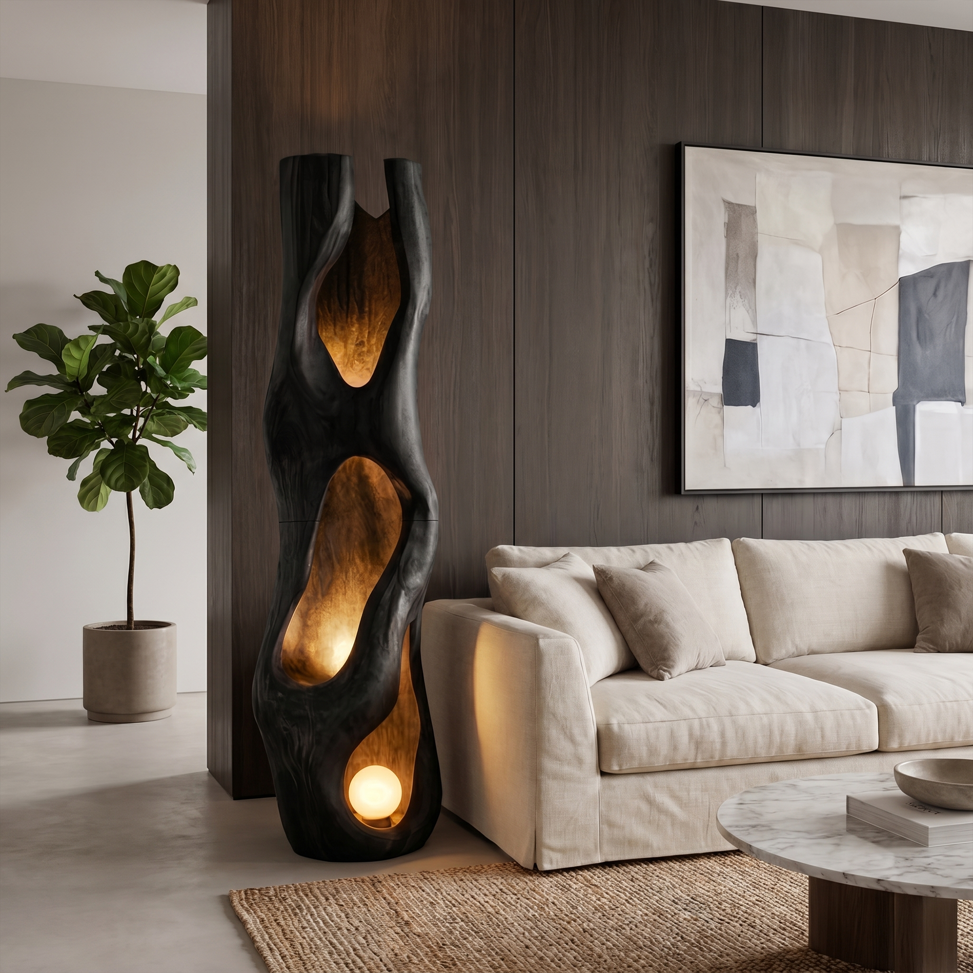Nature Inspired Floor Lamp Carved Wood Sculpture For Living Room