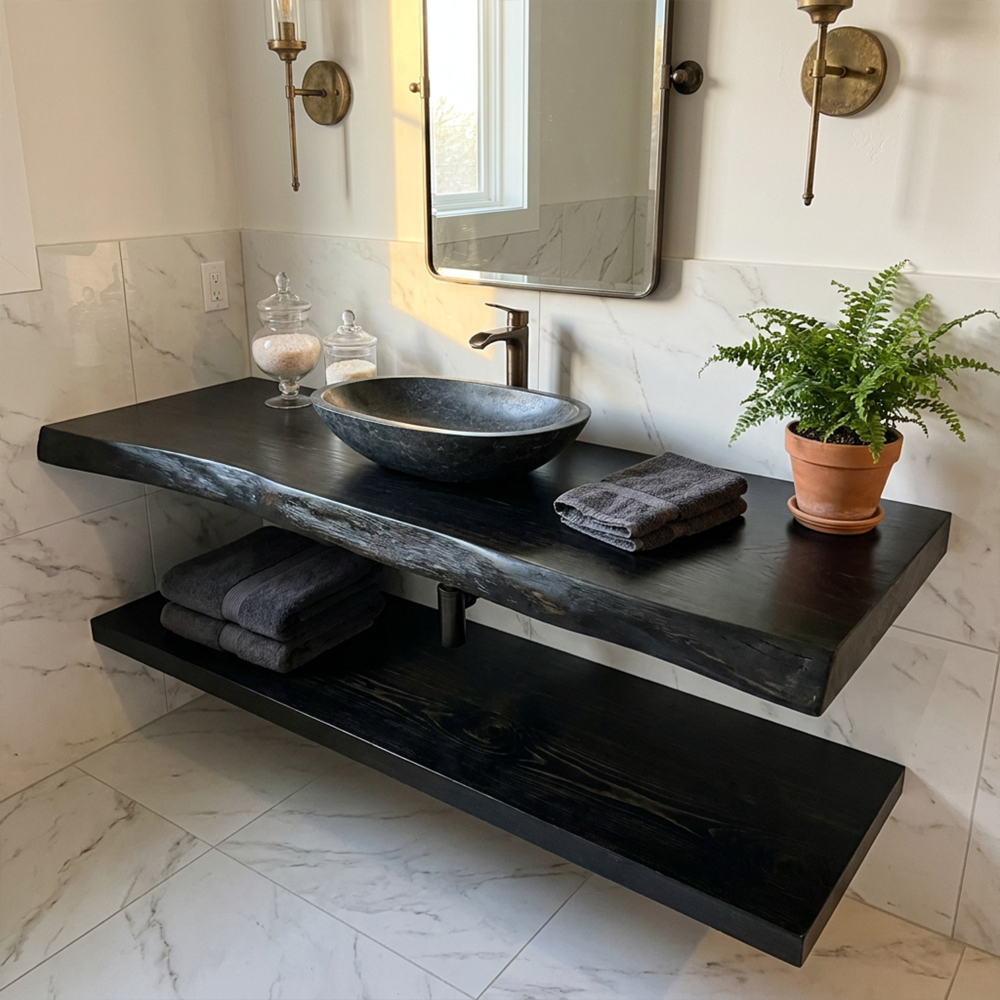 Mid Century Bathroom Vanity Shelf Curved Edge Wood Bathroom Look