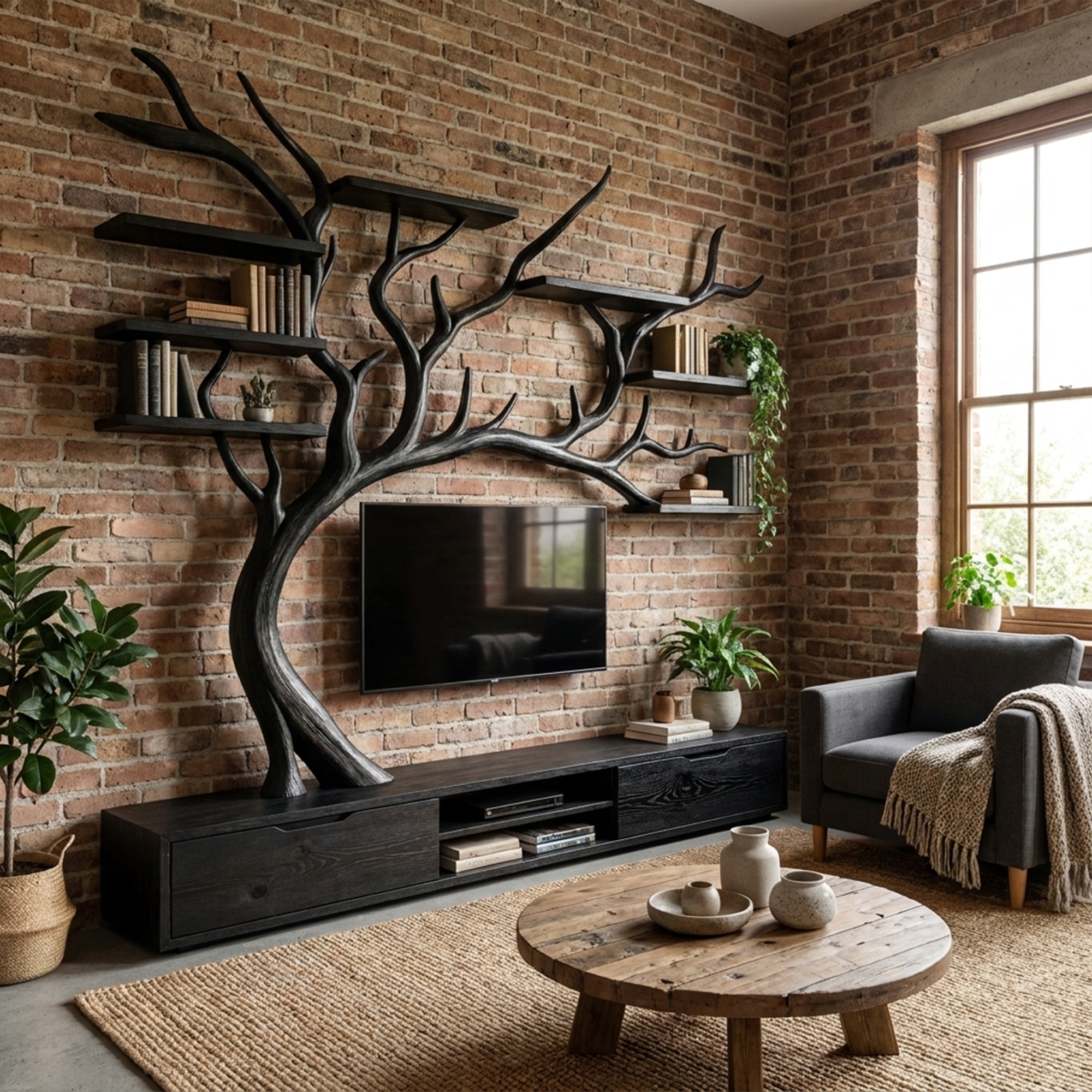Nature Inspired Tree TV Wall Shelf For Living Room Media Storage And Decor