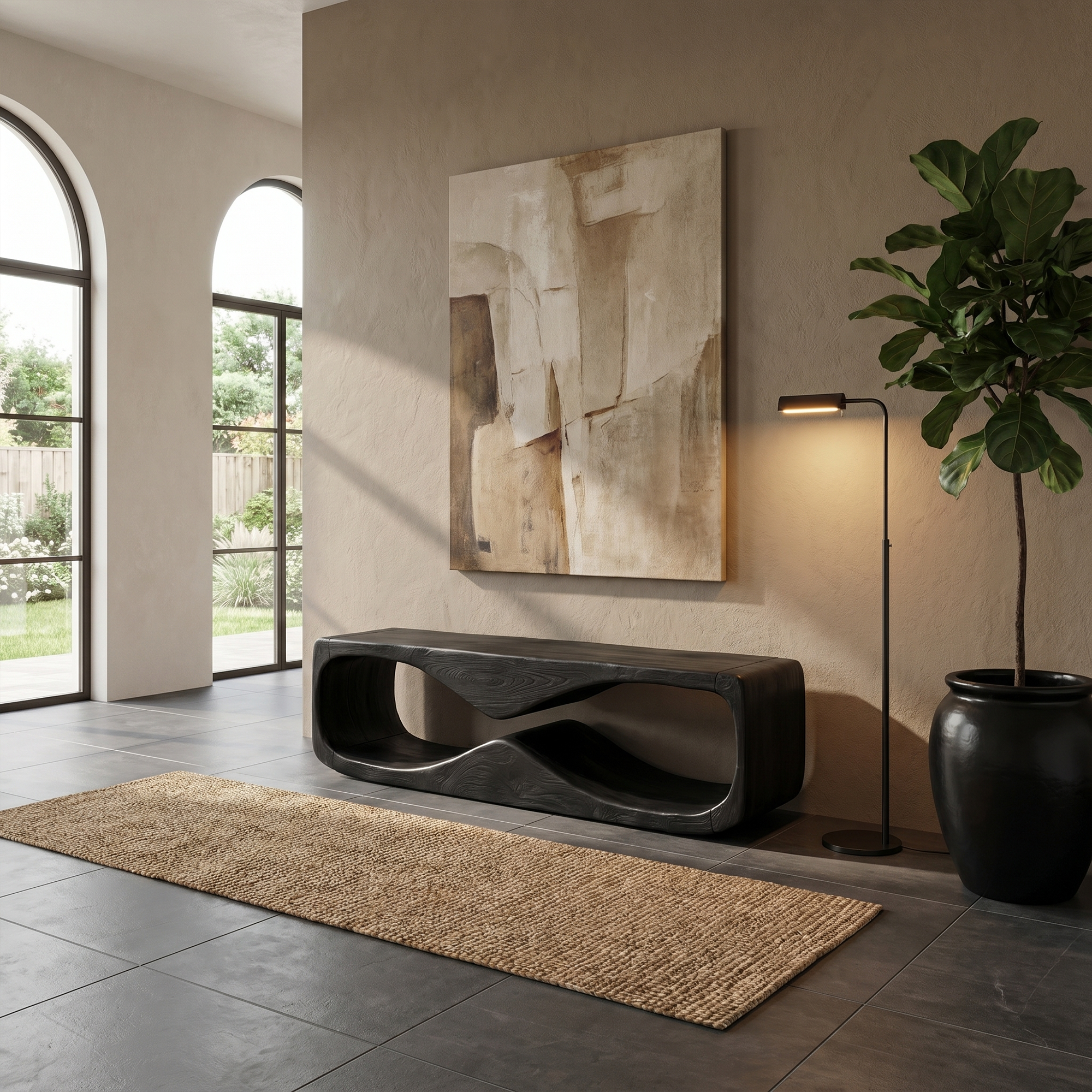 Modern Bench With Open Storage Shelf And Curved Wood Design For Entryway