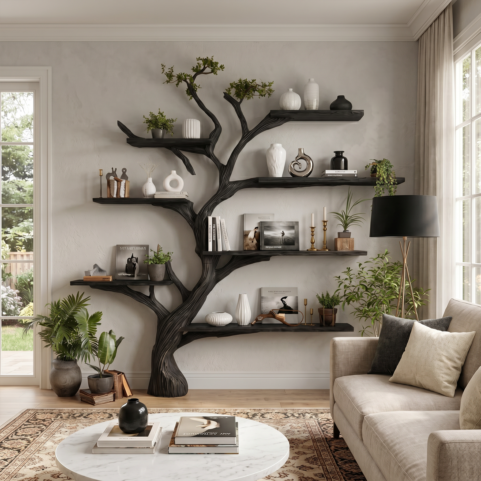 Rustic Handcrafted Tree Bookshelf For Living Room