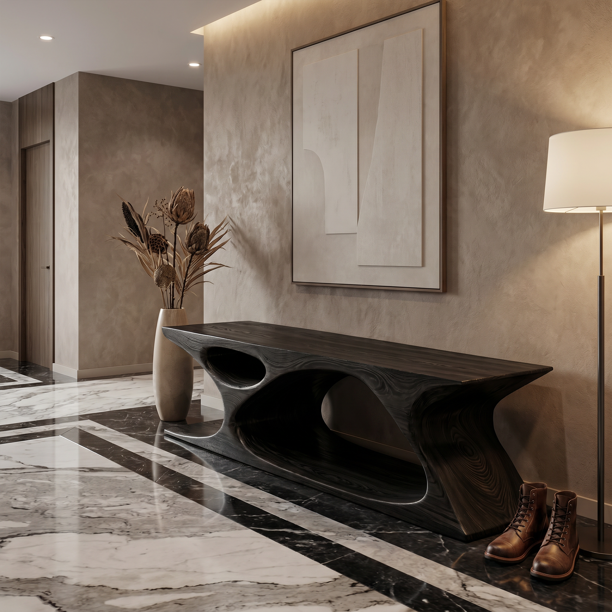 Modern Bench With Sculptural Open Base And Built In Shoe Storage For Entryway