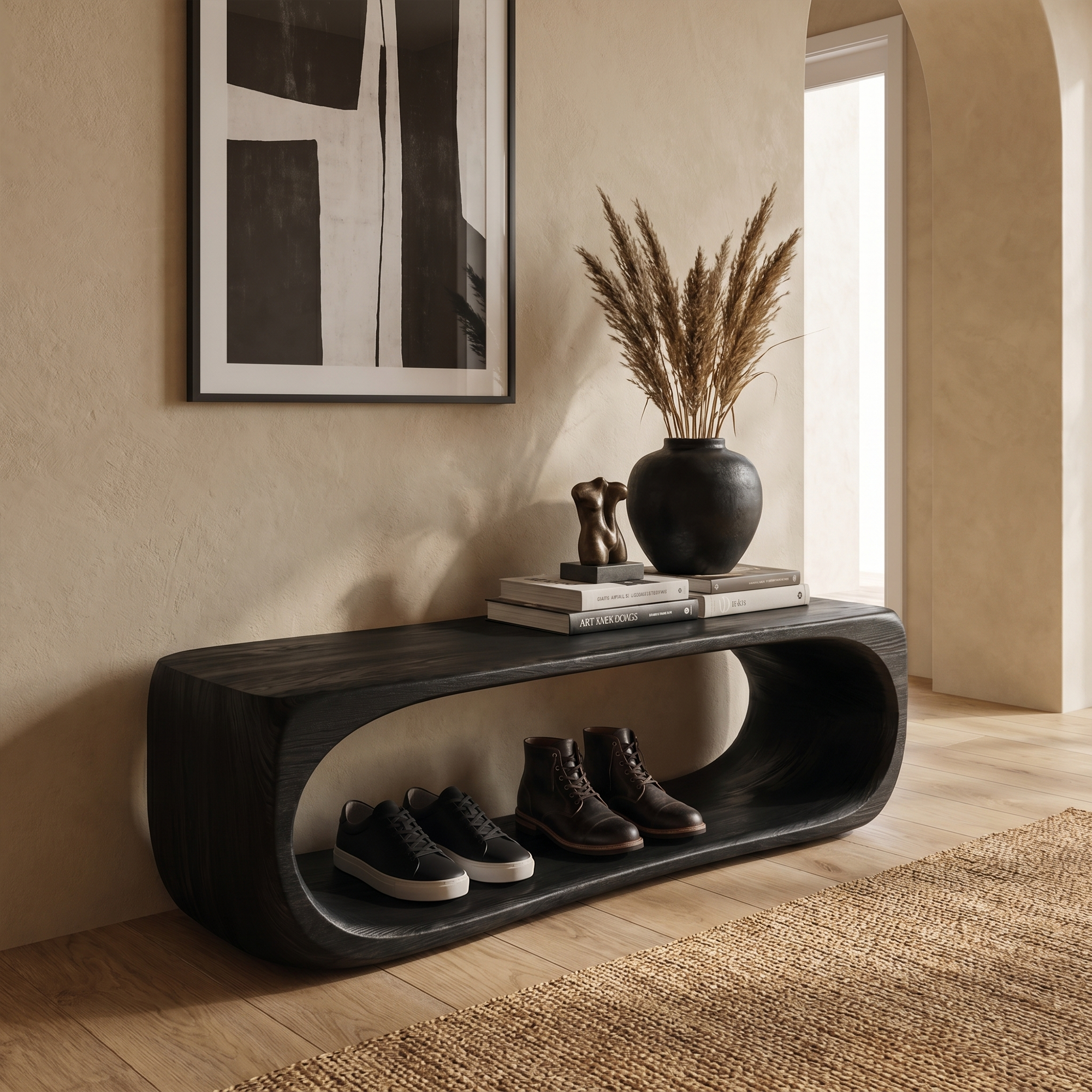 Organic Bench With Sculptural Curved Base And Open Storage Shelf For Entryway