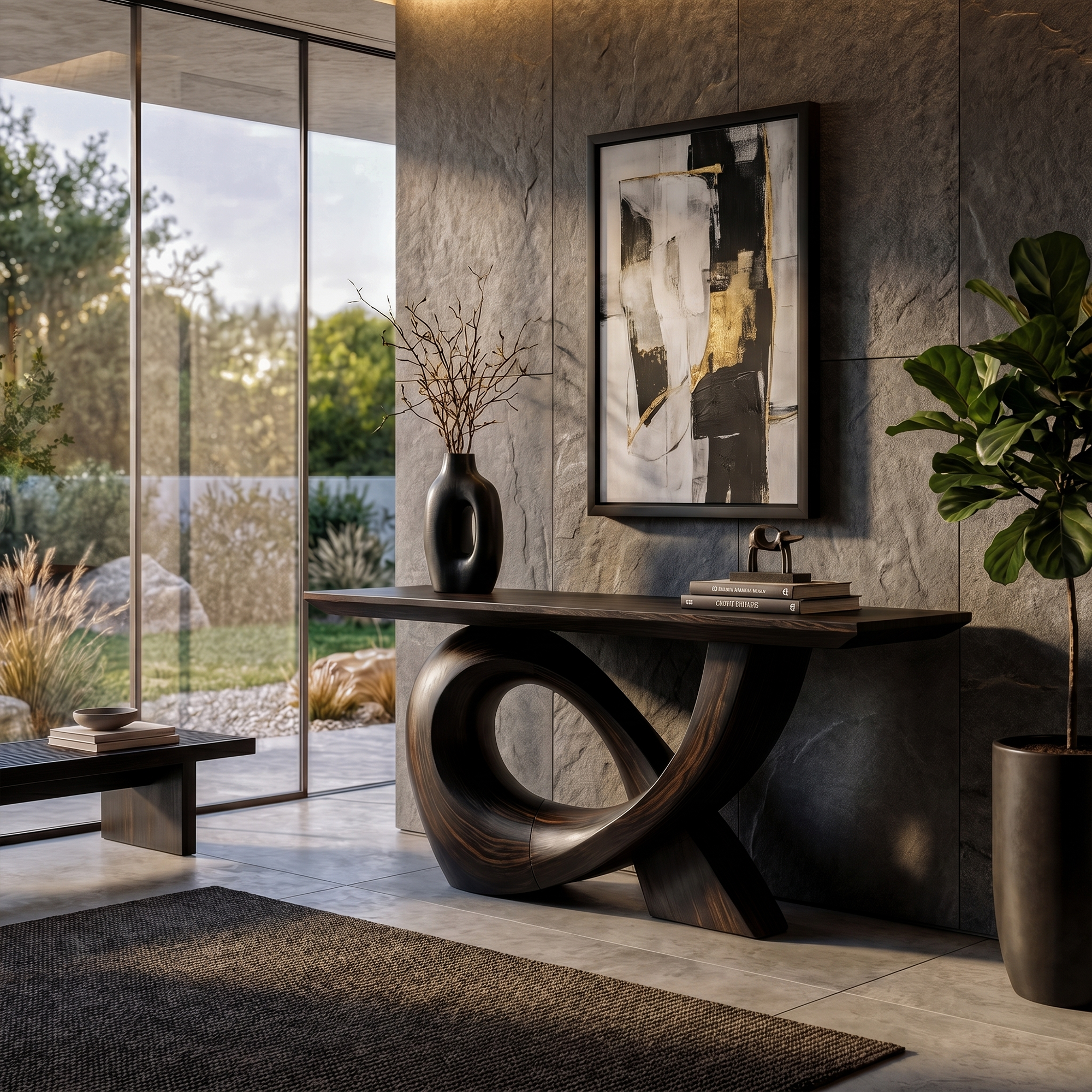 Sculptural Console Table With Flowing Curved Wood Base For Entryway And Living Room
