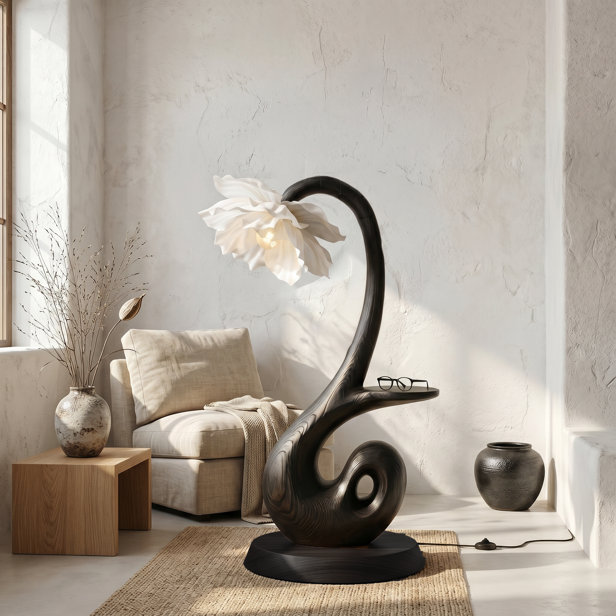 Nature Inspired Floor Lamp With Blooming Flower Shade And Display Shelf For Reading Nook