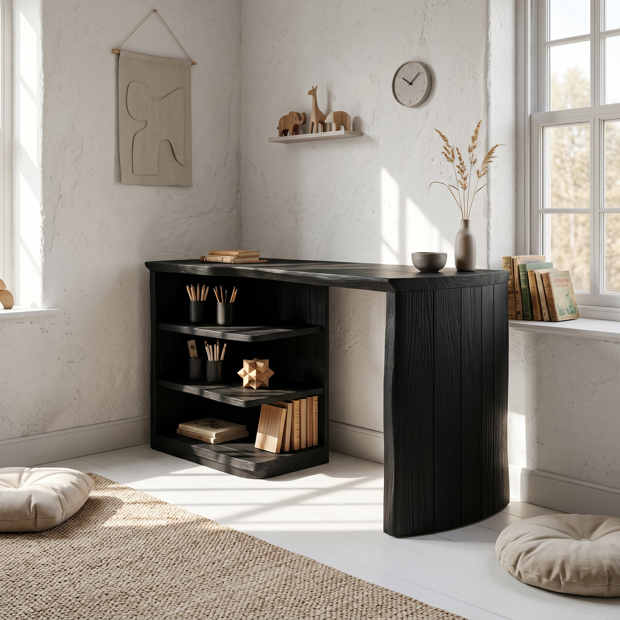 Scandinavian Desk With Built In Storage Shelves For Home Office And Workspace