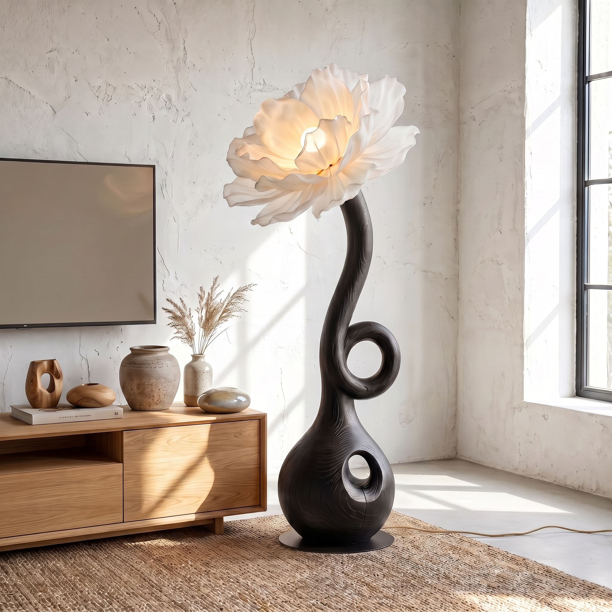 Sculptural Floor Lamp With Floral Accent Design For Bedroom And Reading Room