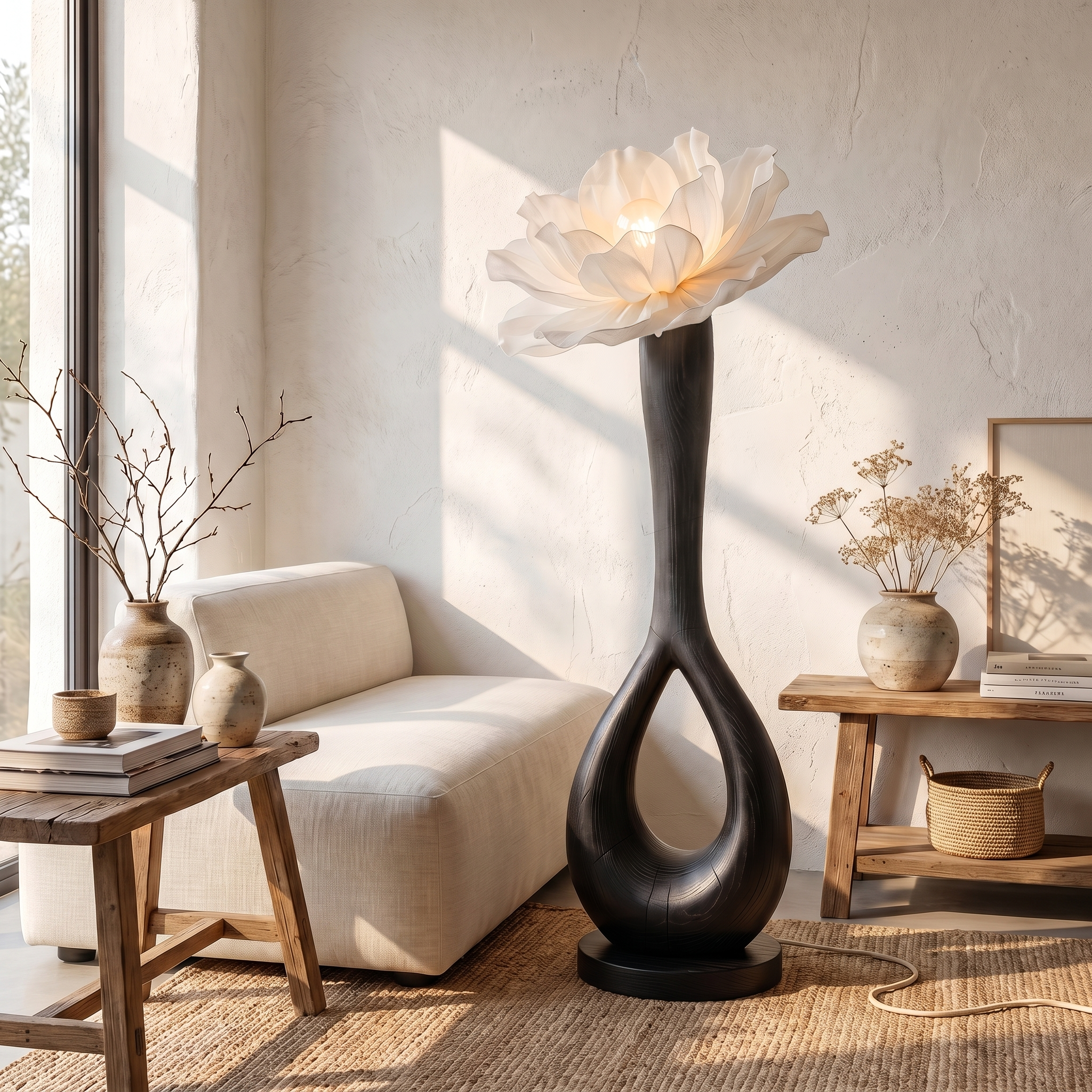 Handcrafted Floor Lamp With Blooming Flower Sculpture For Living Room