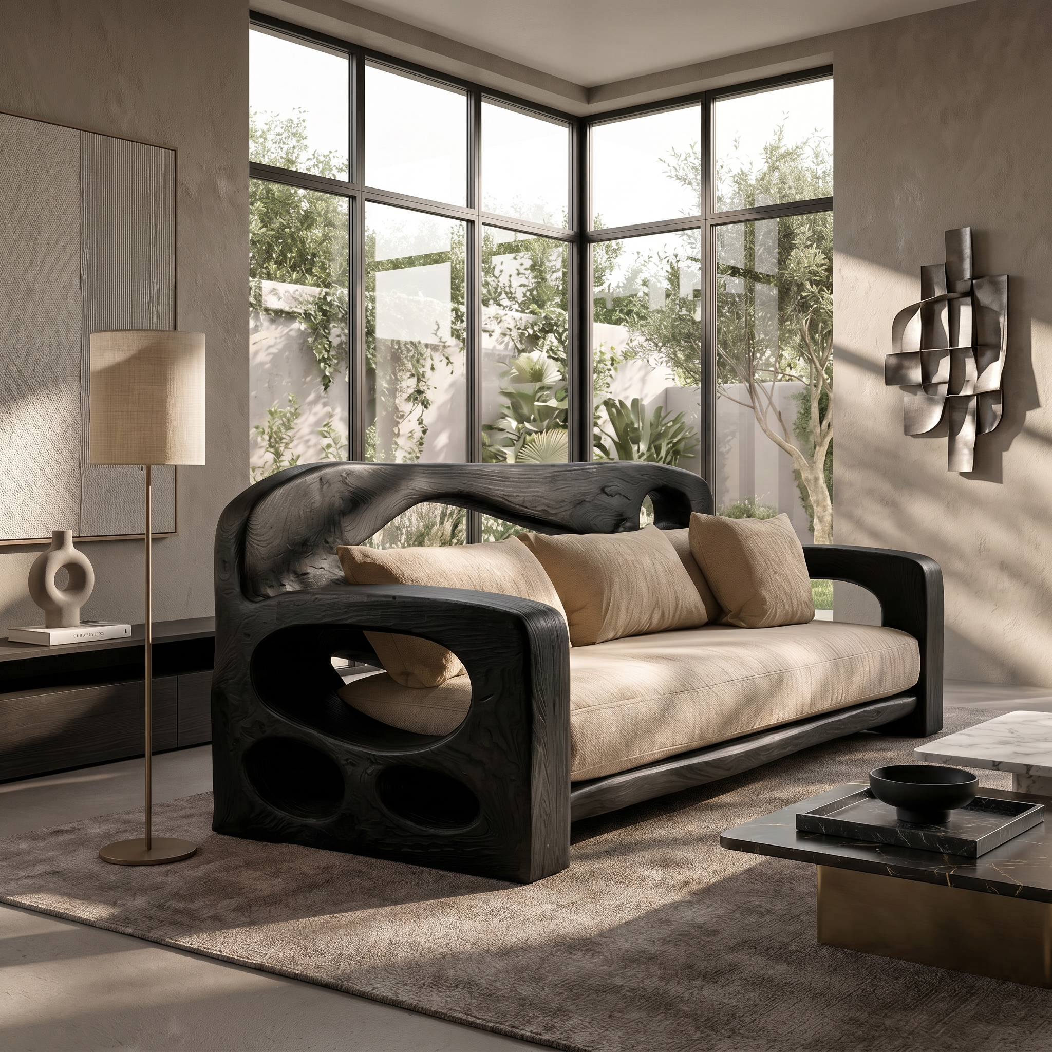Modern Sofa Frame With Sculptural Solid Wood Armrests For Living Room