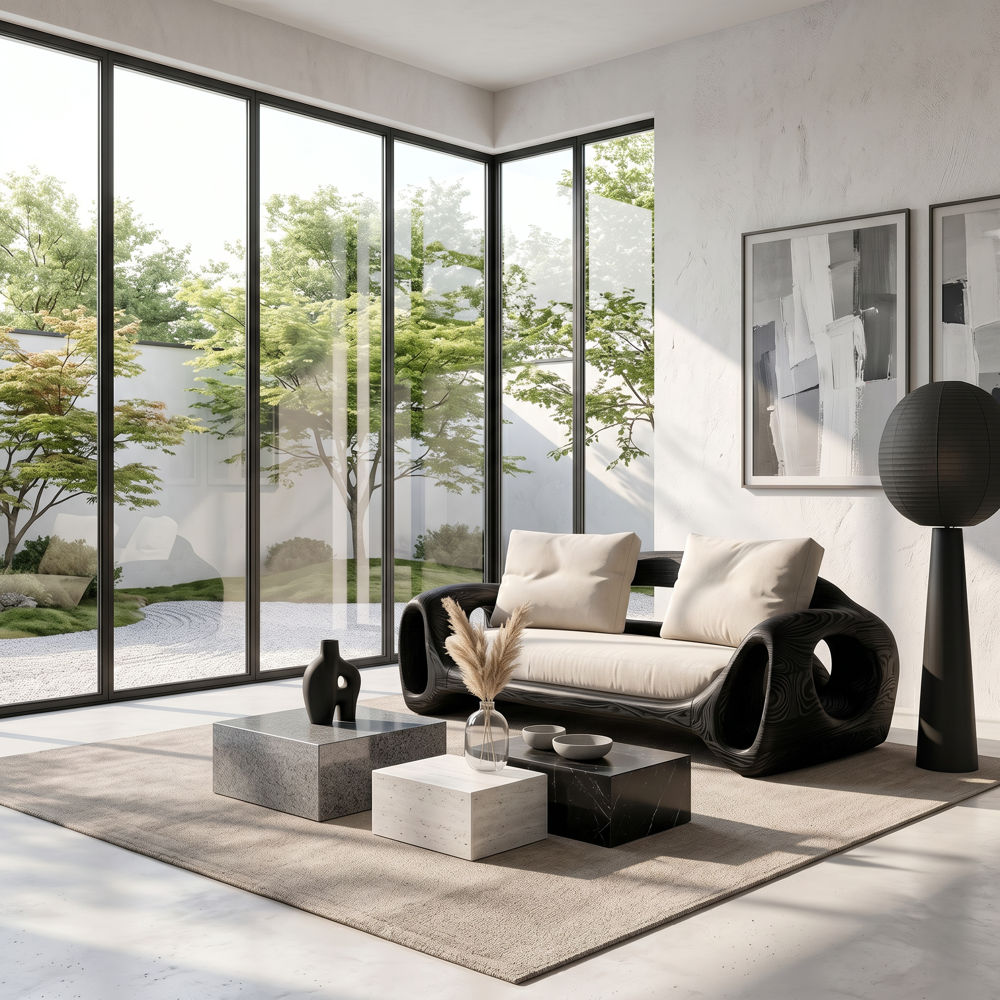 Organic Sofa Frame With Sculptural Circular Armrests For Living Room