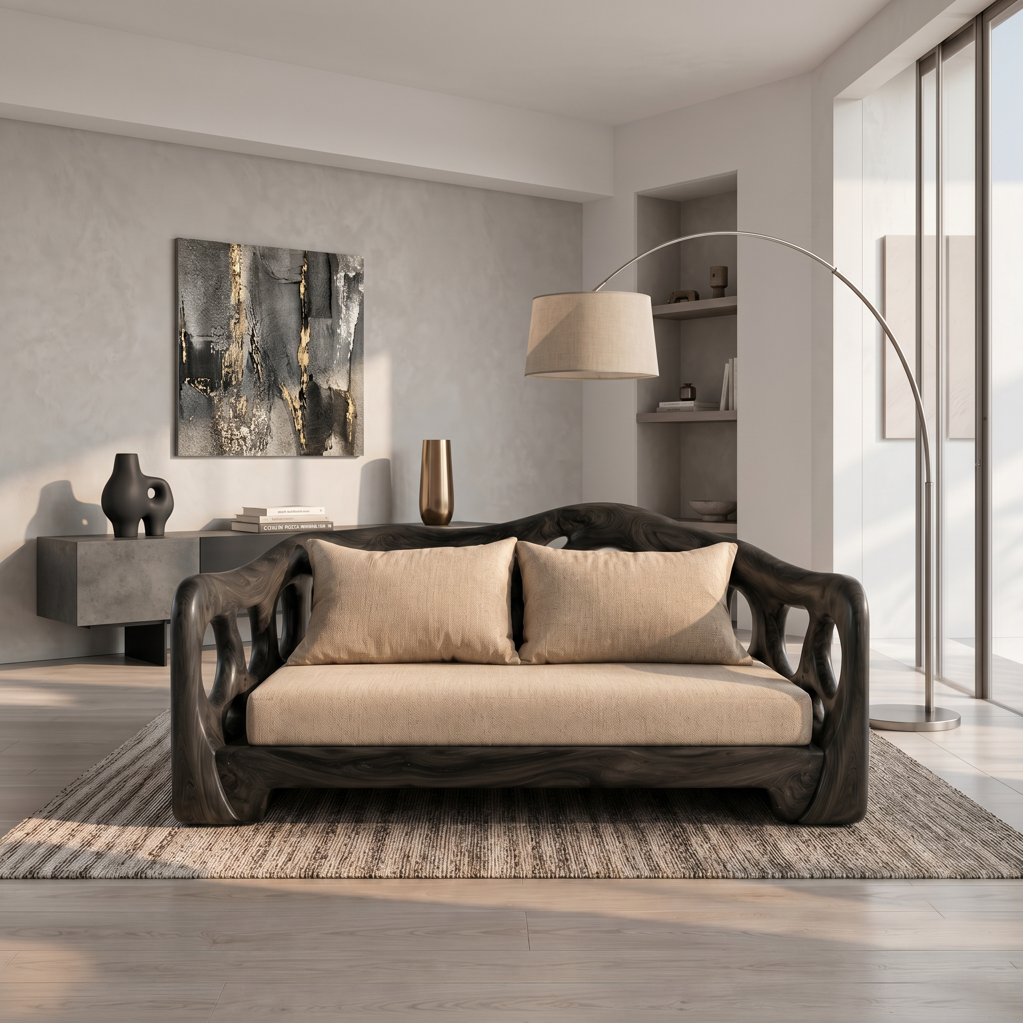 Modern Sofa With Sculptural Solid Wood For Living Room