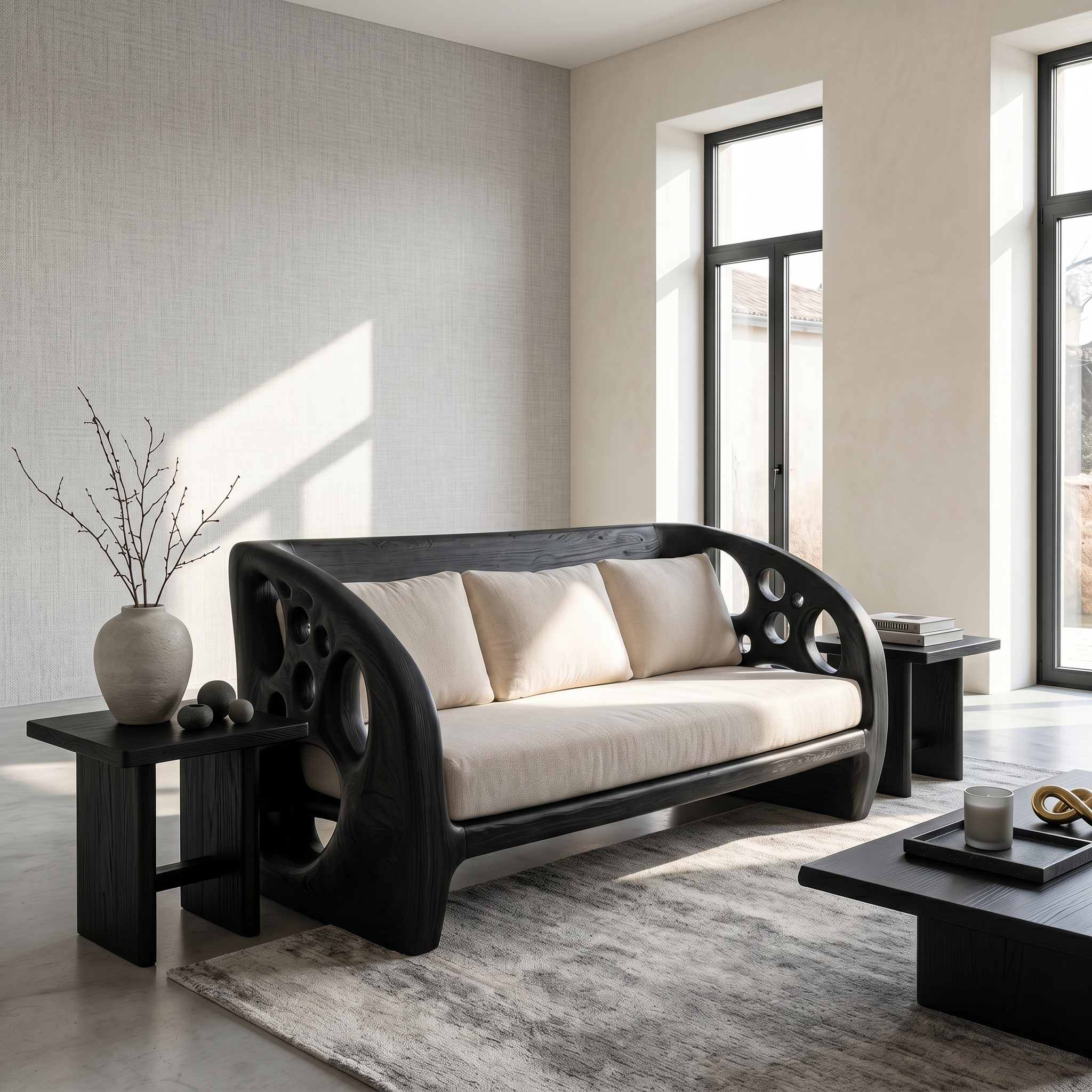 Modern Organic Sofa With Sculptural Perforated Wood Frame