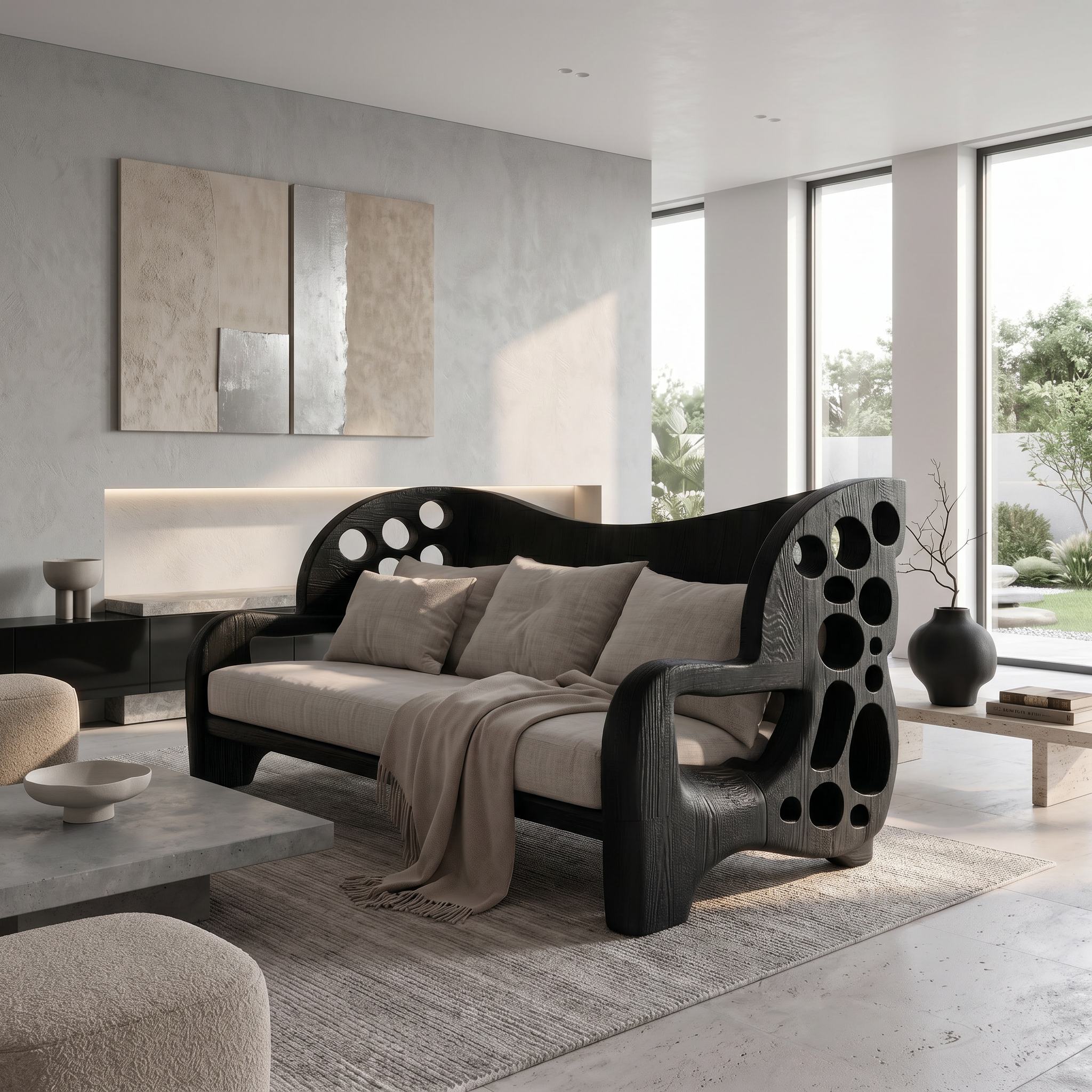 Organic Sofa Frame With Sculptural Openwork Armrests For Living Room